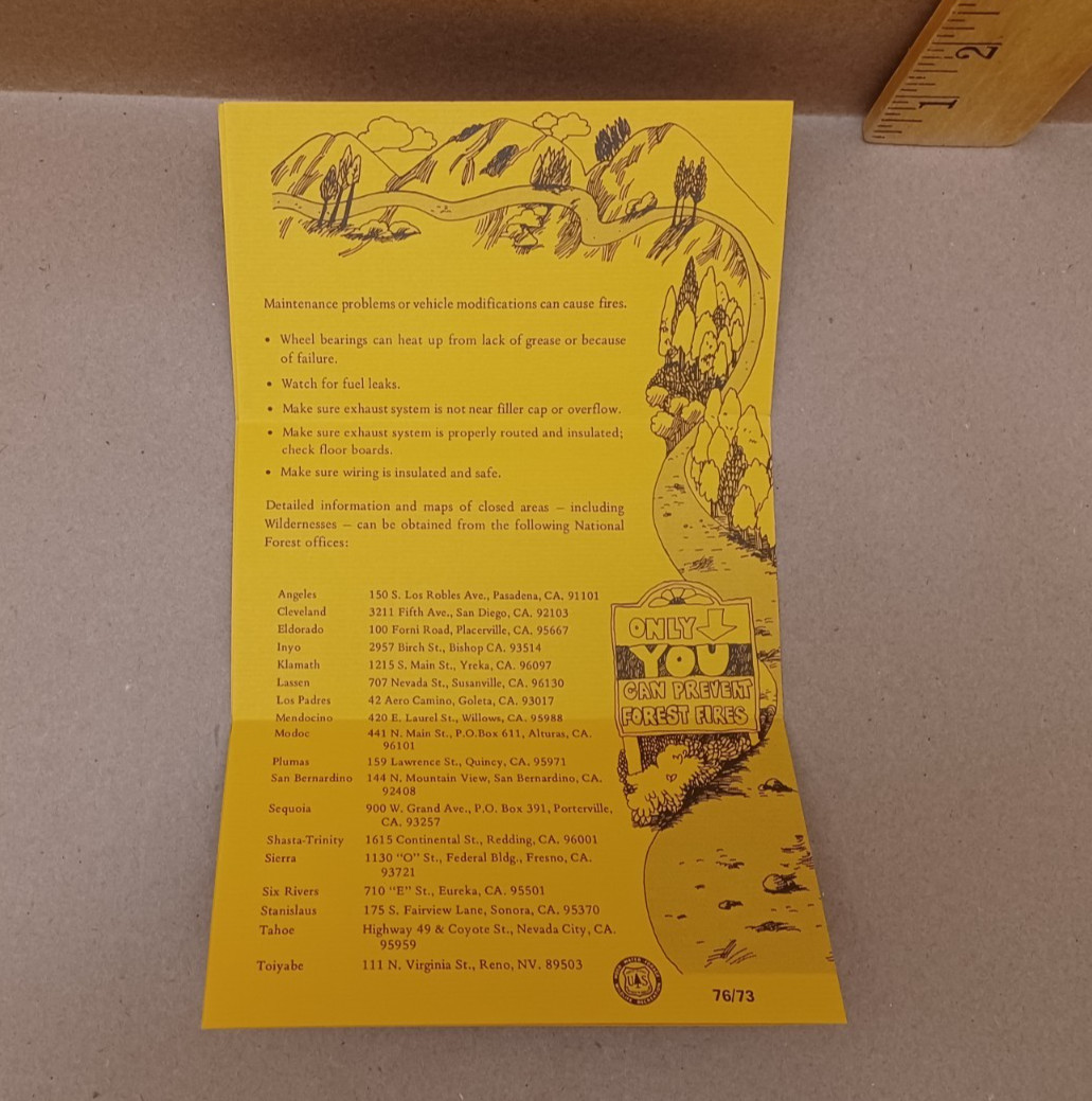1976 US Forest Service Leaflet, Motor Vehicles “Tips, Regulations, Fire Safety”