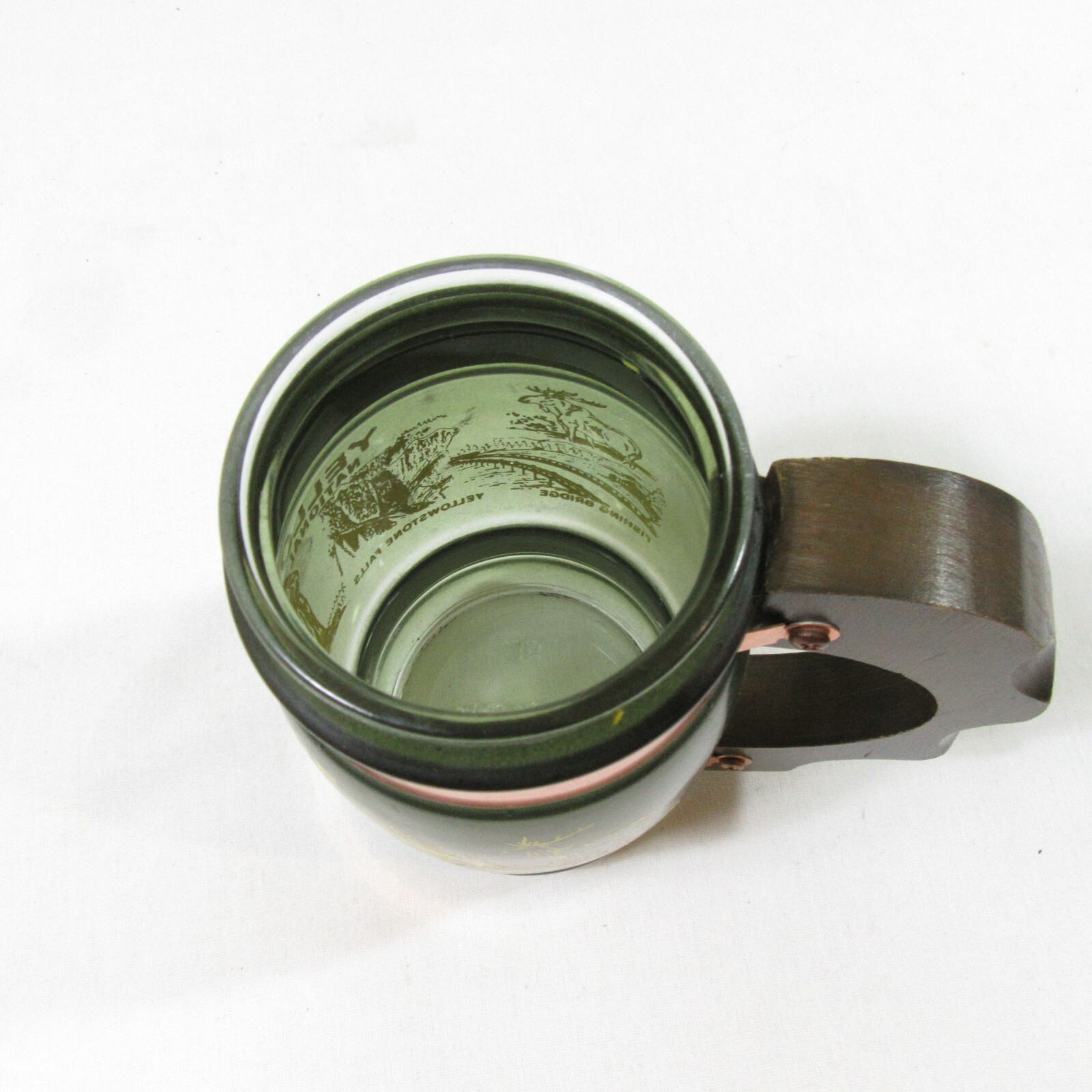 1970s Siesta Ware Souvenir Yellowstone National Park Rare Green Glass Mug w Wood