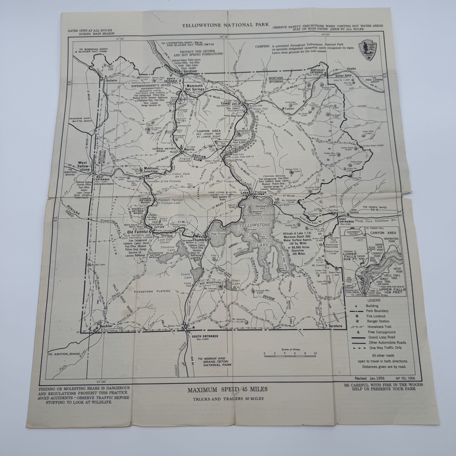 Vintage 1956 Yellowstone National Park Fold Out Brochure Map