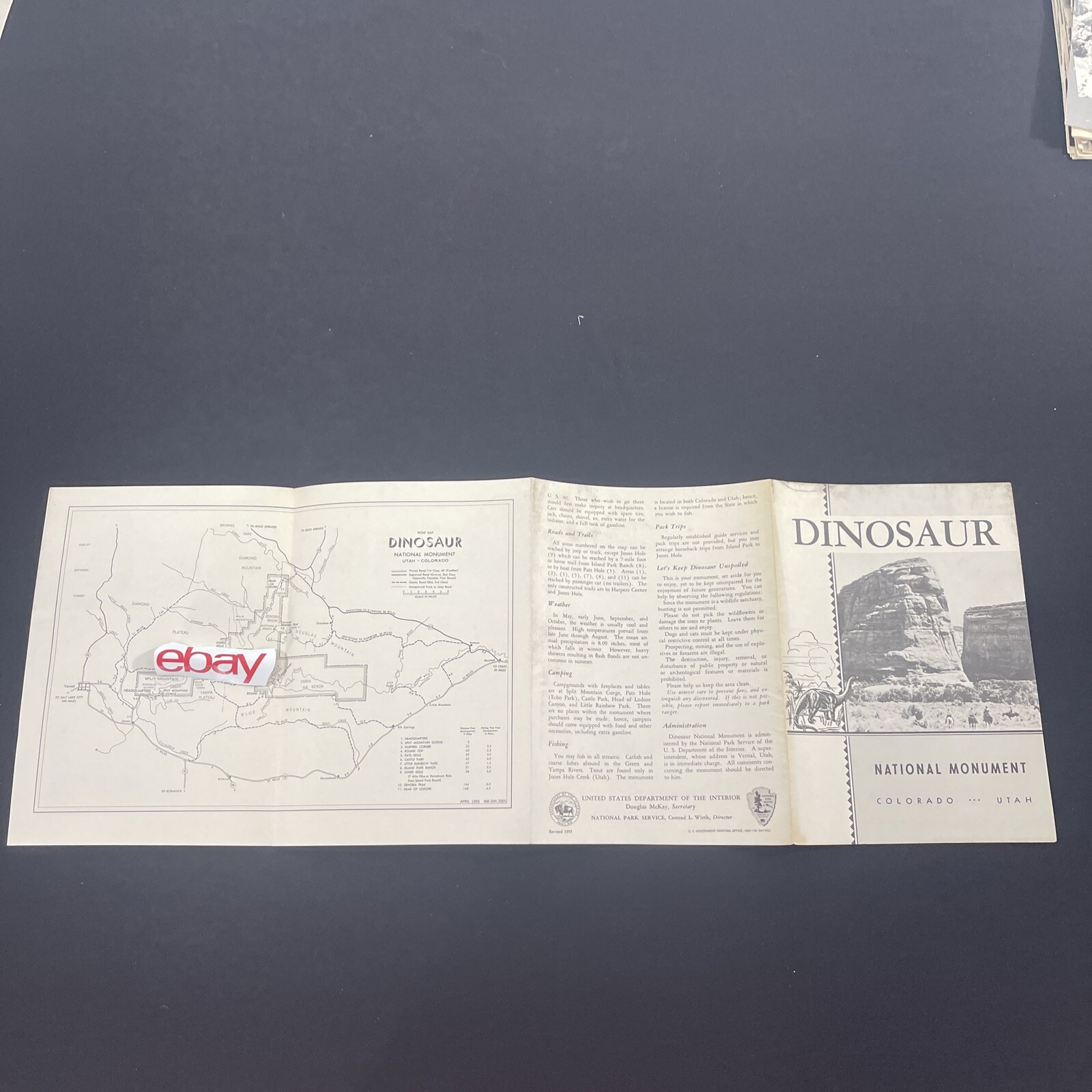 Vintage 1955 Dinosaur National Monument Brochure Pamphlet Map