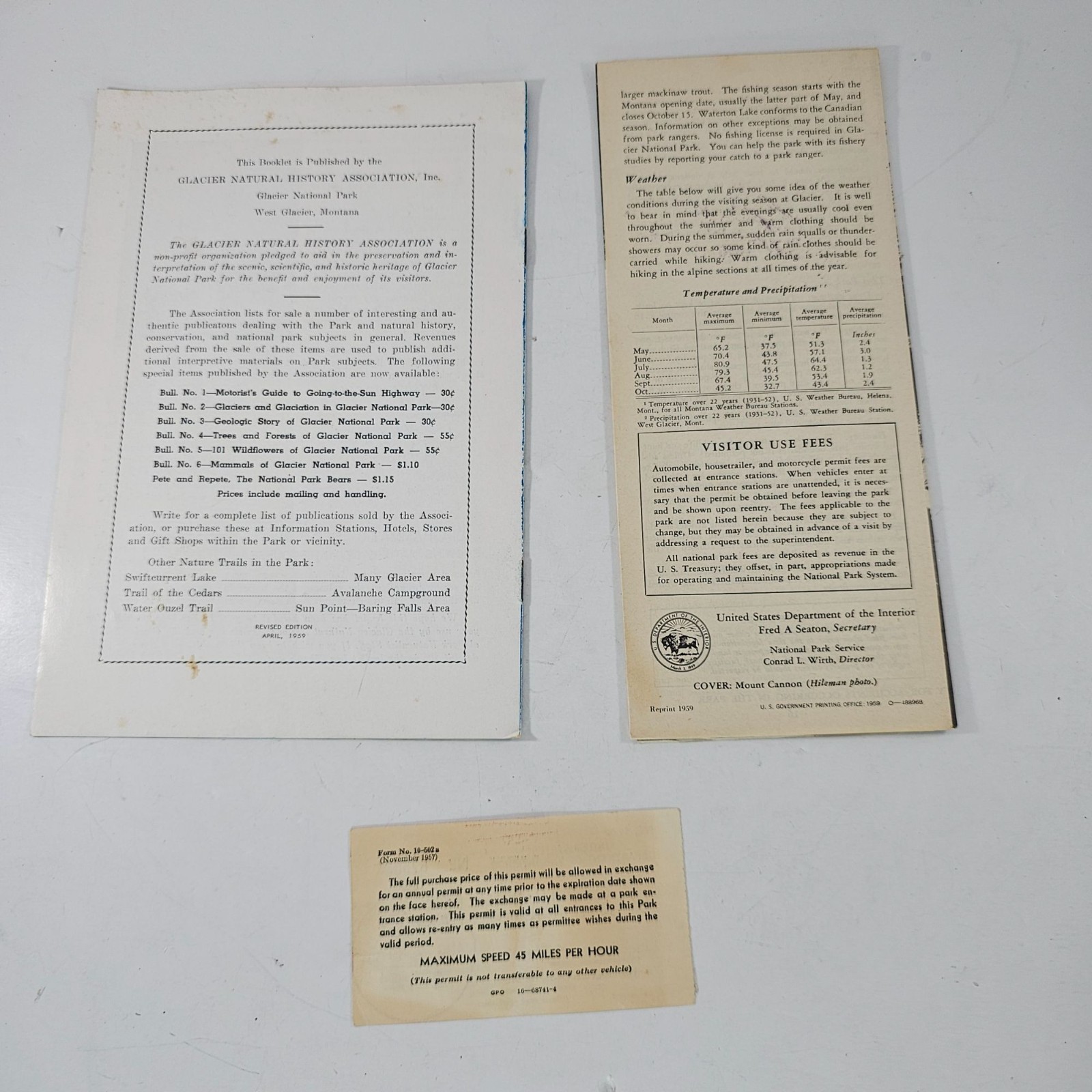 Glacier National Park Ephemera Lot: 2 Vintage Brochures& 1960 Automobile Permit