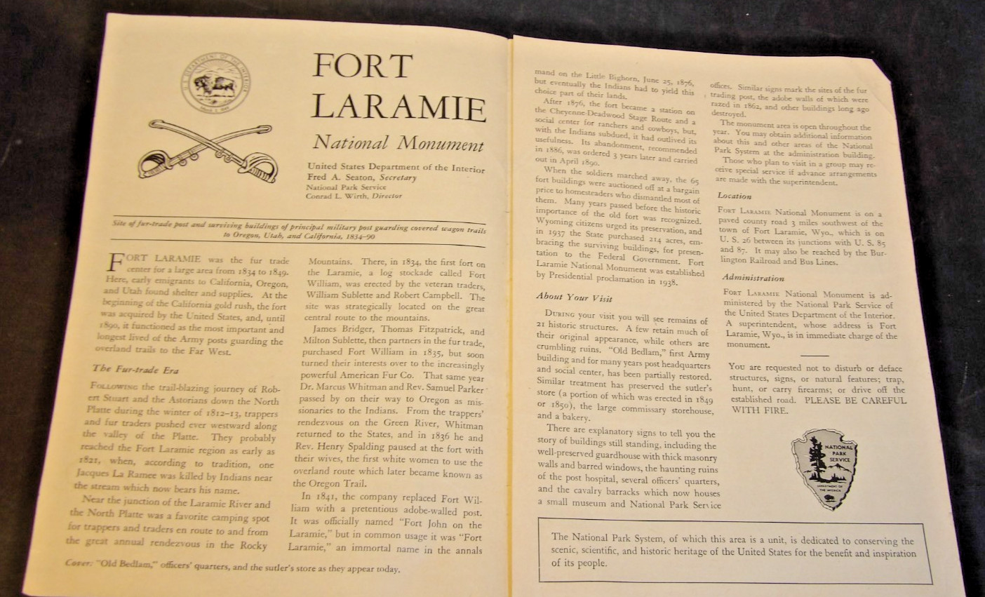 Vintage 1957 Fort Laramie National Monument Brochure Pamphlet Map Guide Info WY