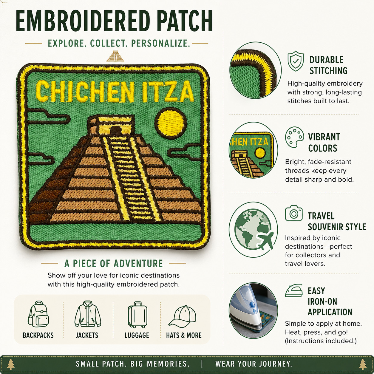 Chichen Itza Patch, 3 Inch Iron On Embroidered Mayan Pyramid Mexico Travel