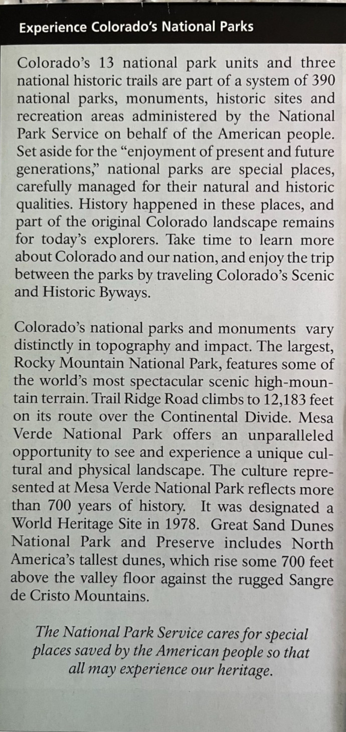 New EXPERIENCE COLORADO’S NP NATIONAL PARK SERVICE UNIGRID BROCHURE/MAP #B