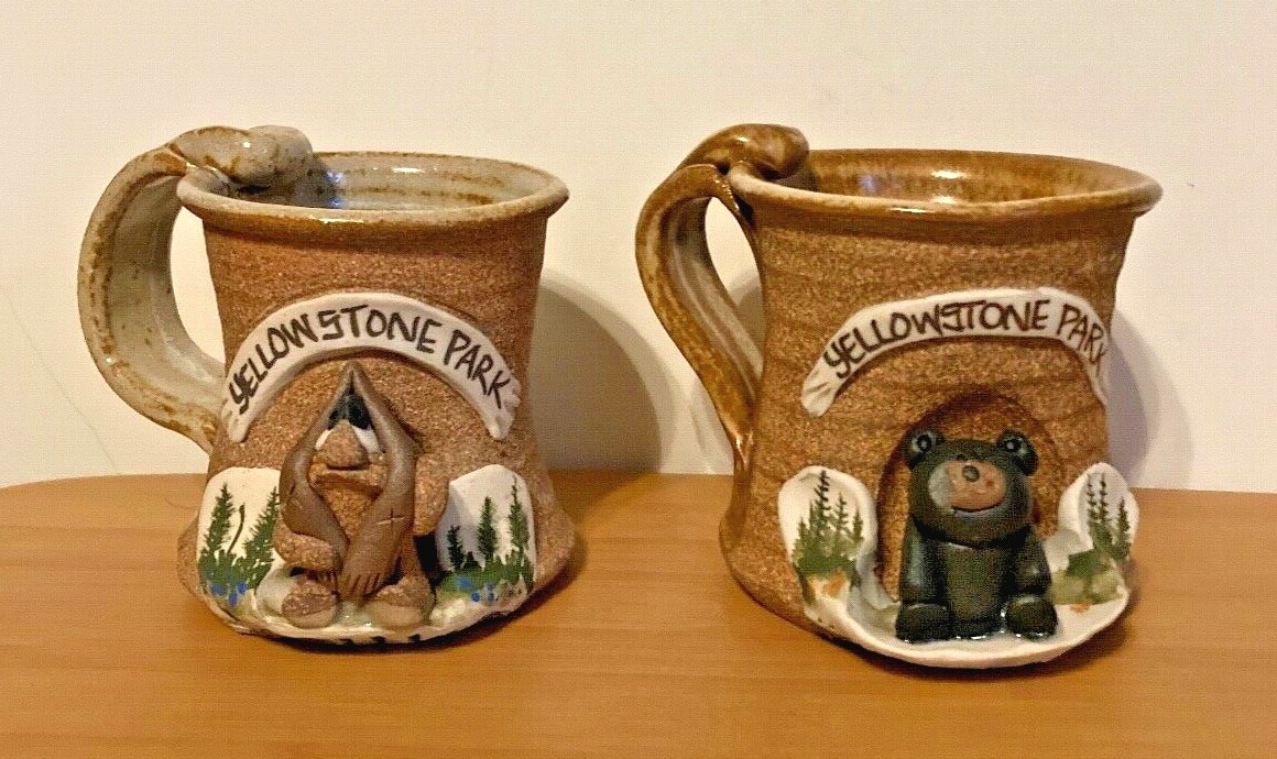 2 Yellowstone Park Souvenir Cups with Clay Ceramic Animal Figures