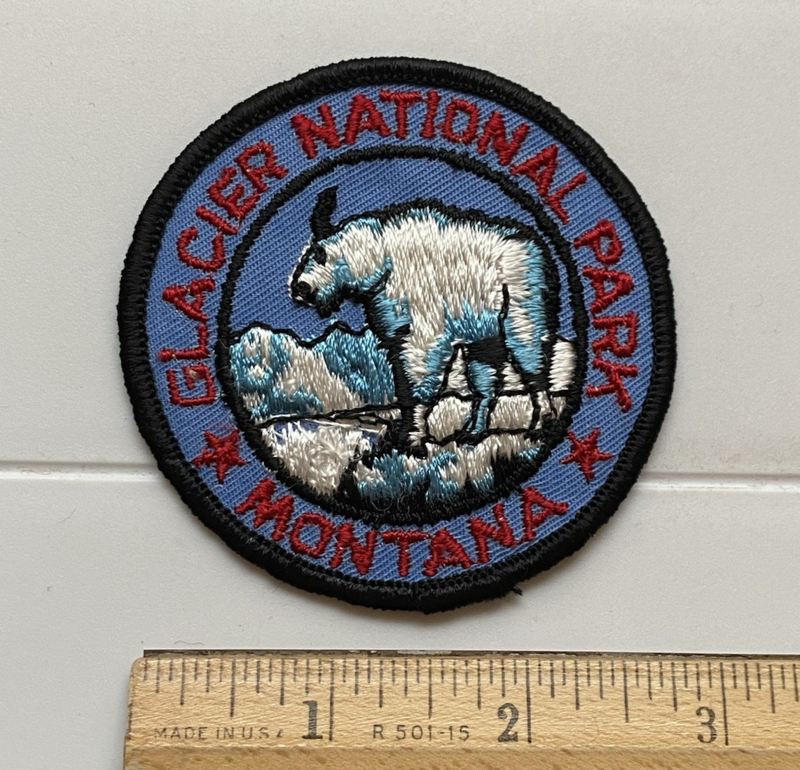 Glacier National Park Montana Mountain Goat Round Blue Embroidered Sew-on Patch