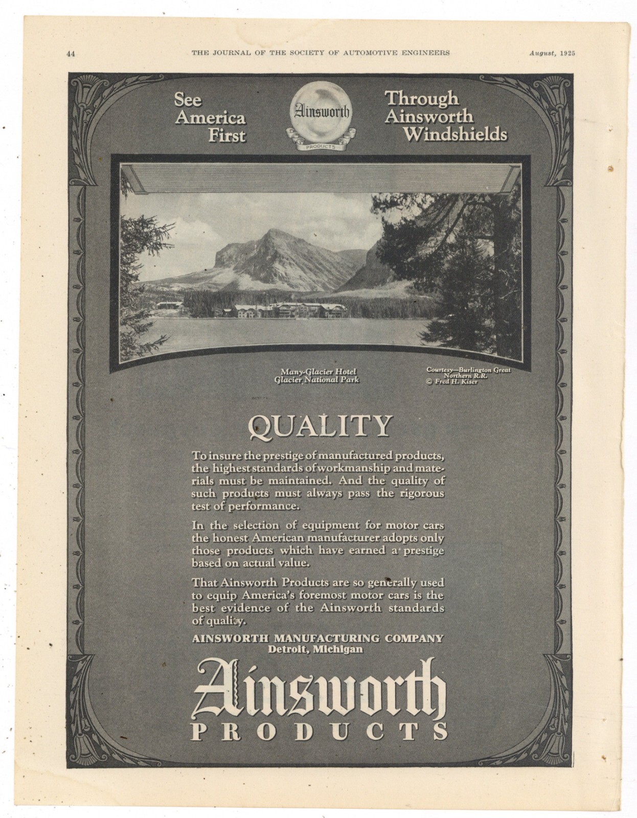 1925 Ainsworth Windshields Ad: Many Glacier Hotel, Glacier National Park Pic