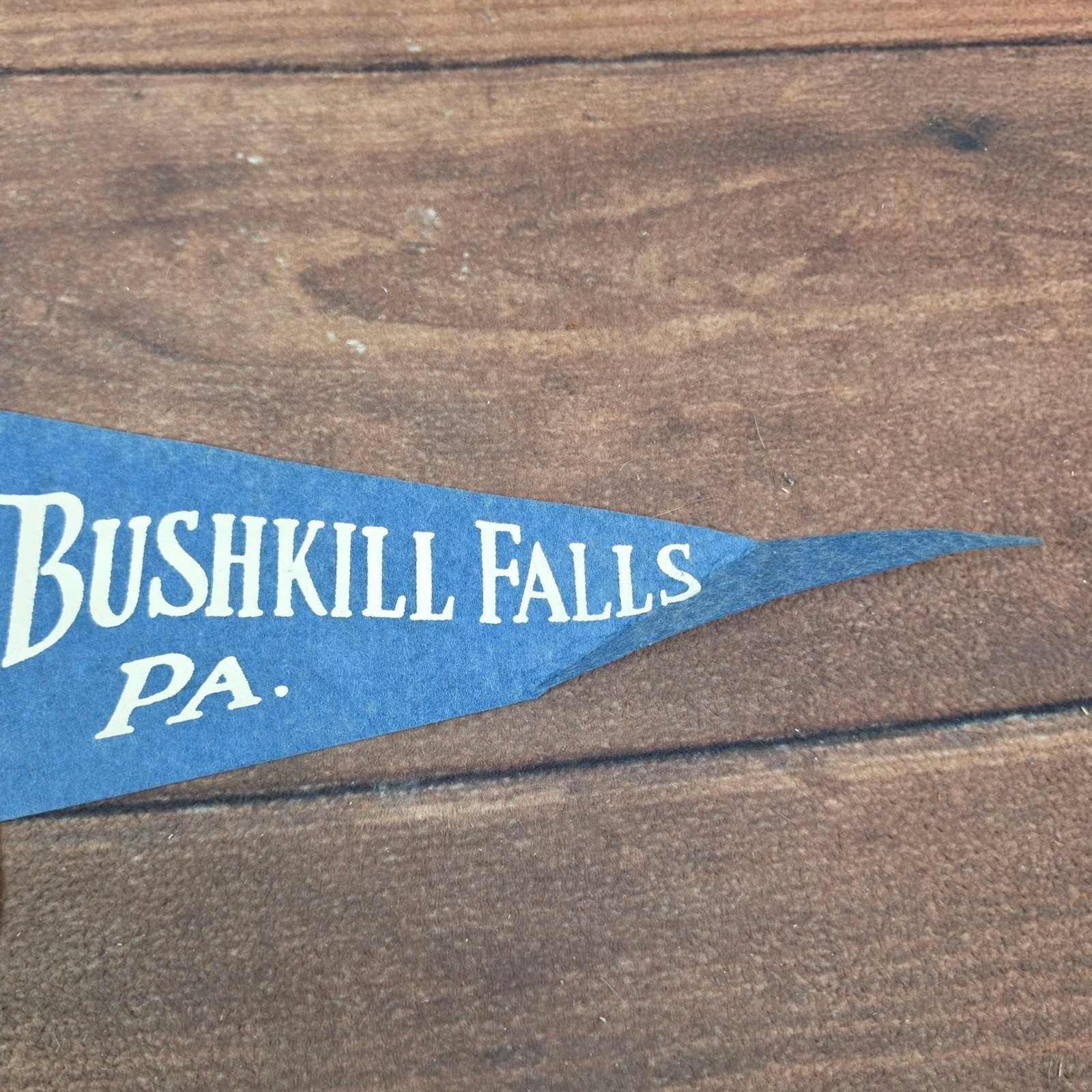 Vintage Bushkill Falls PA Felt Pennant 1962 Souvenir Blue Yellow 17″ Good Fringe