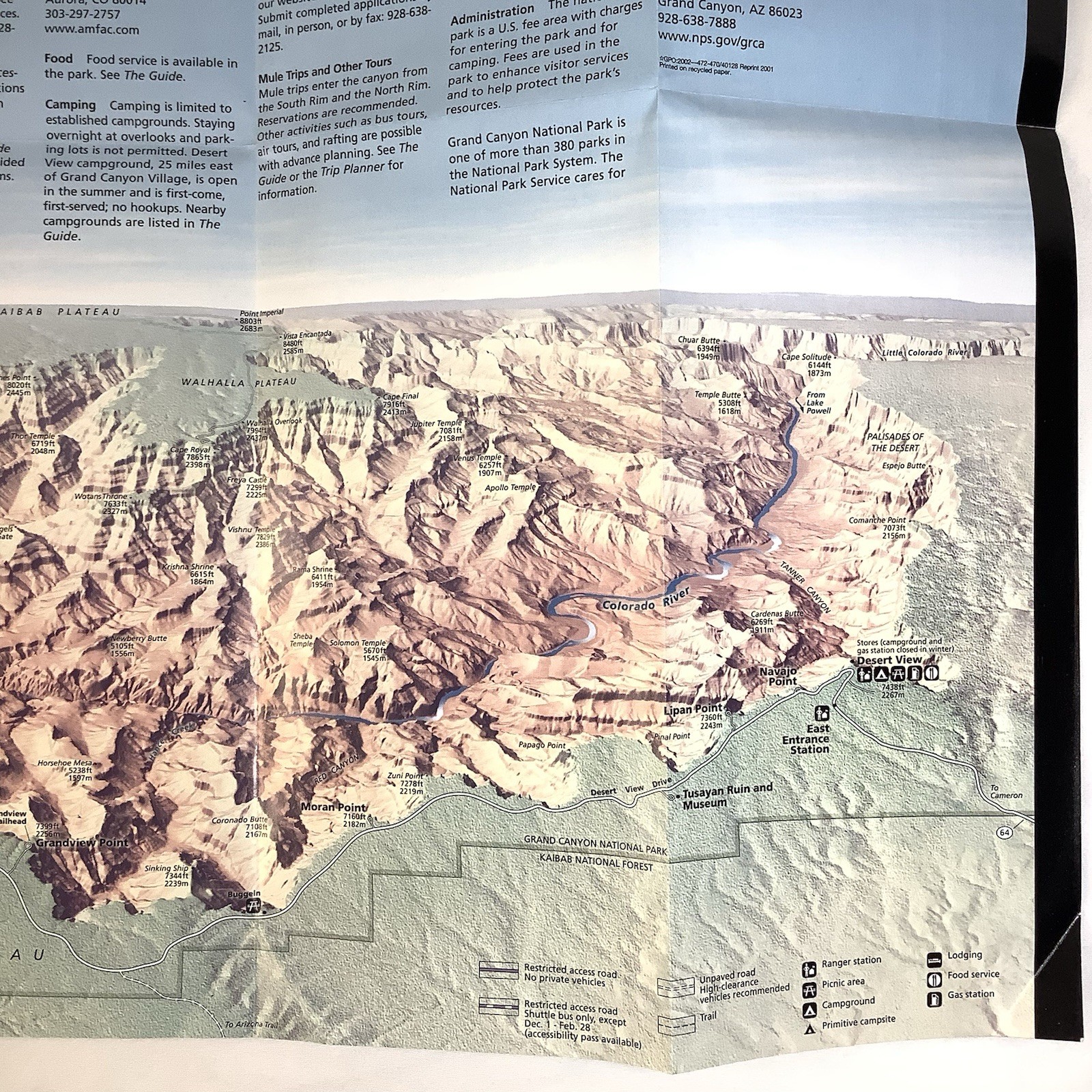 Grand Canyon Map & Tourist Guide 2001 National Park Arizona Colorado River