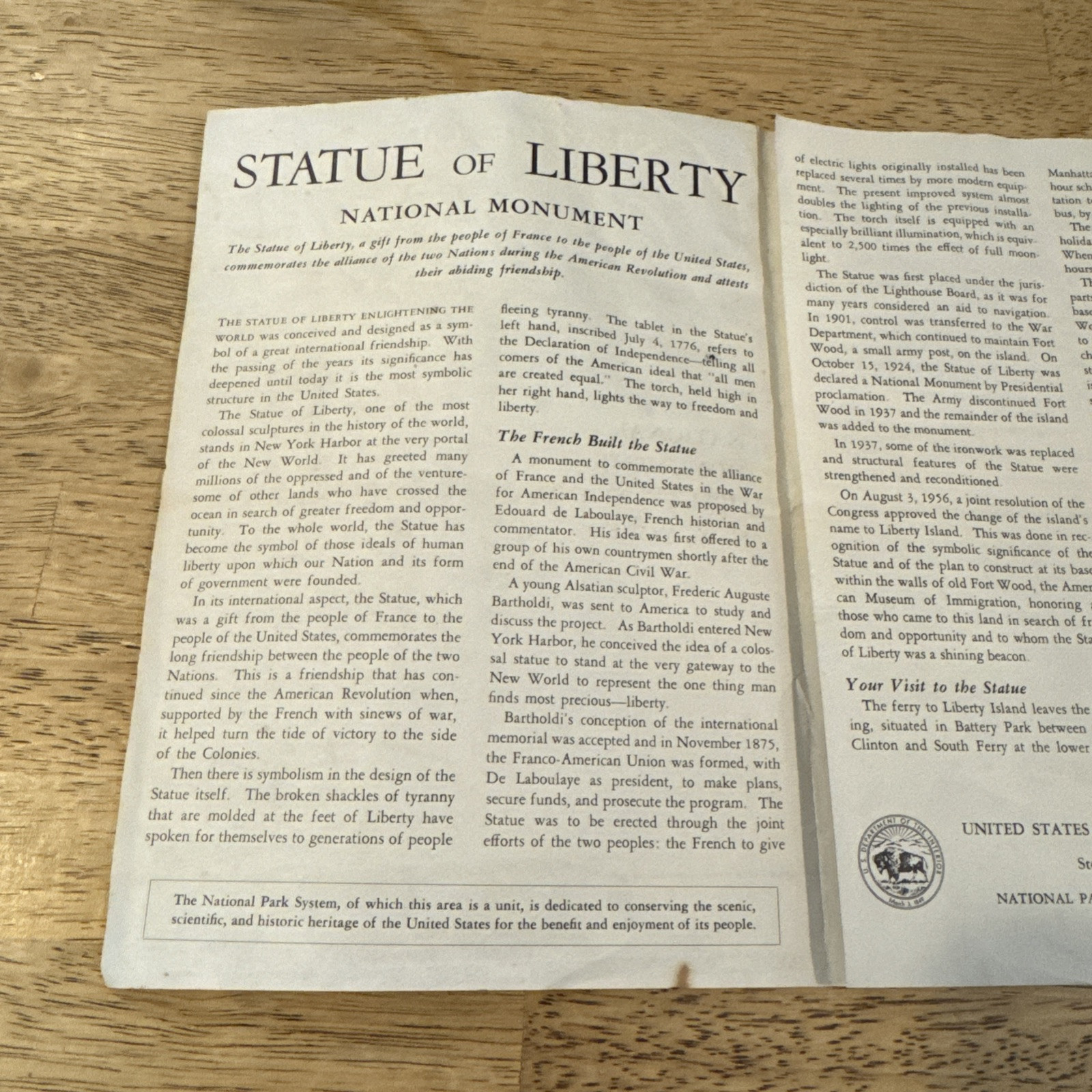 Vintage 1961 Statue of Liberty Pamphlet Brochure with Map National Monument