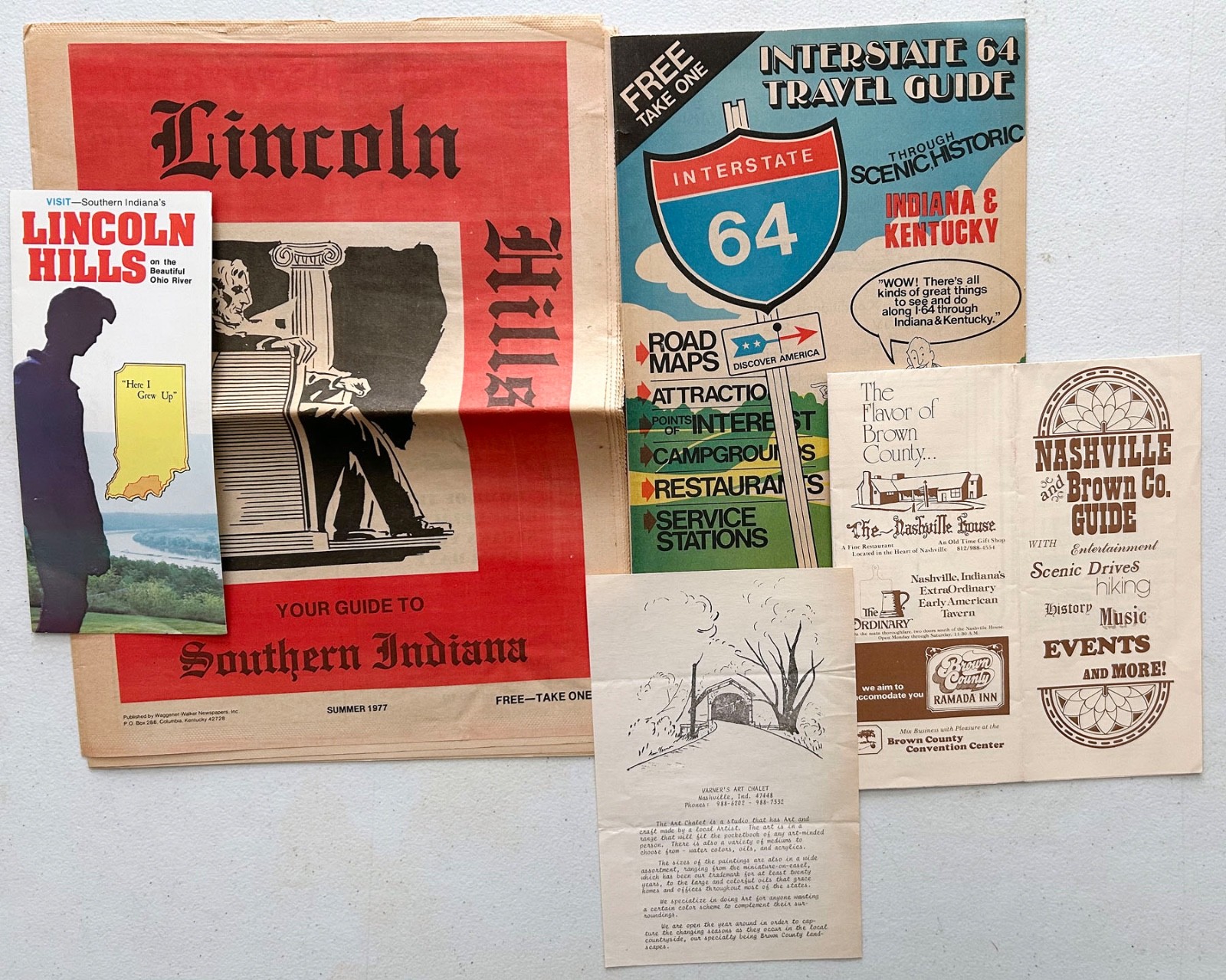 Vintage Indiana travel items pamphlets Lincoln Hills Brown County Interstate 64