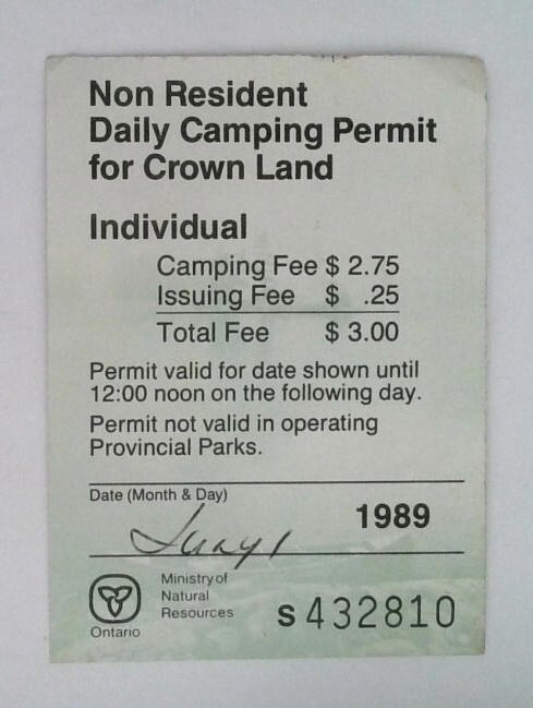 1989 Ontario Canada Non Resident Daily Park Permit For Crown Land Hunting Stamp