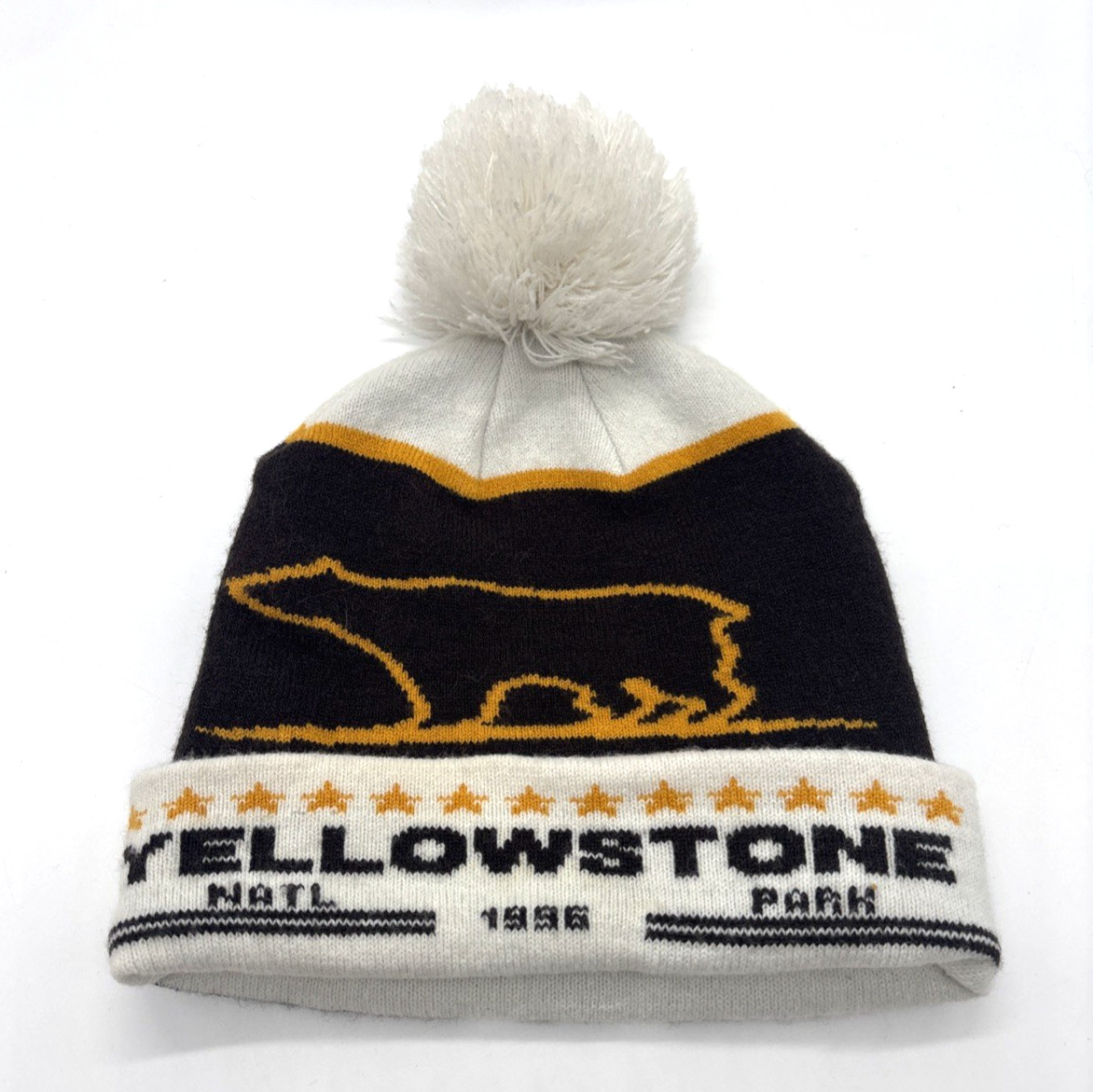 National Park Yellowstone Bear Cuffed Knit Beanie Hat with Pom BRAND NWOT Brown