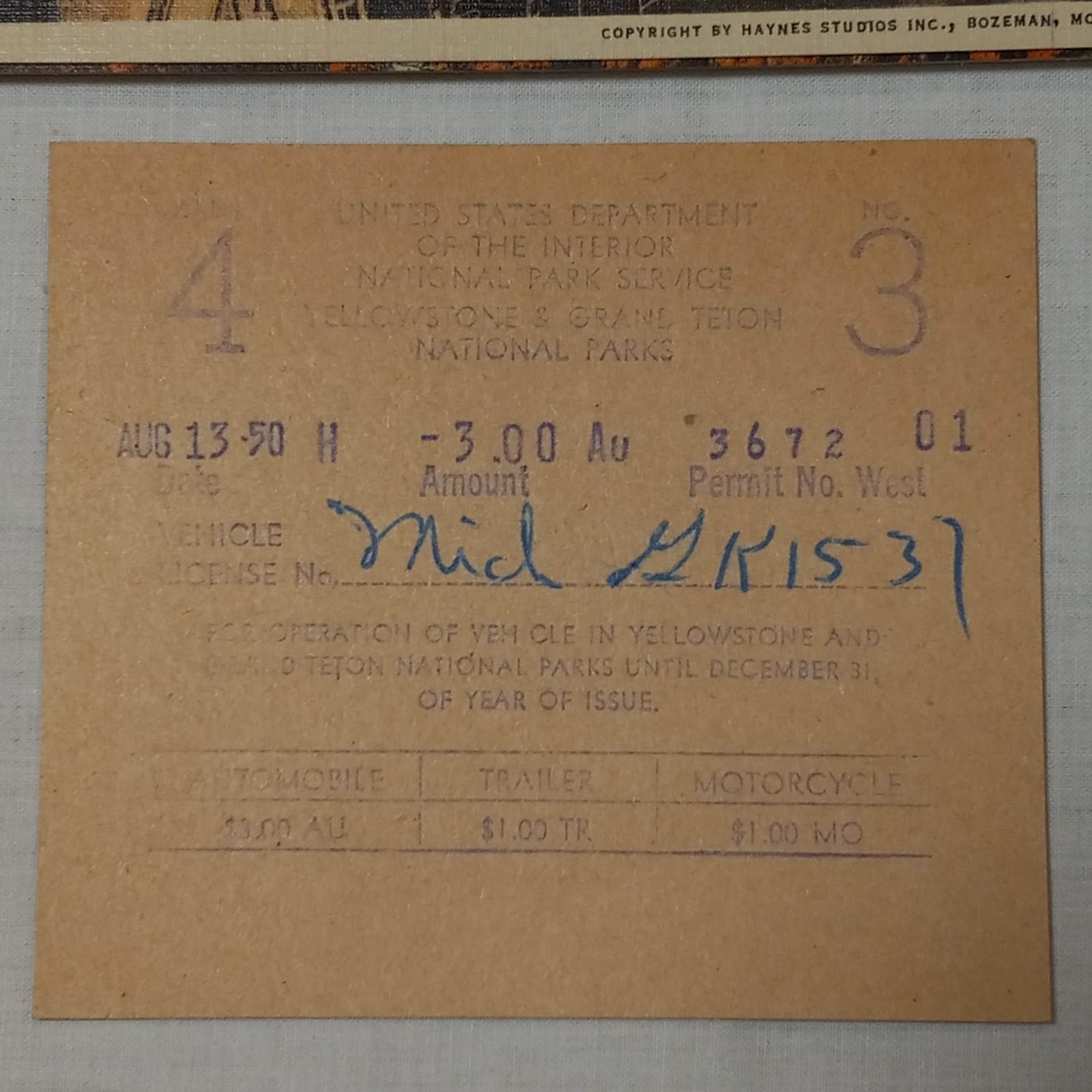 1950 Yellowstone National Park Ticket Permit + 9 Unposted Linen Postcards
