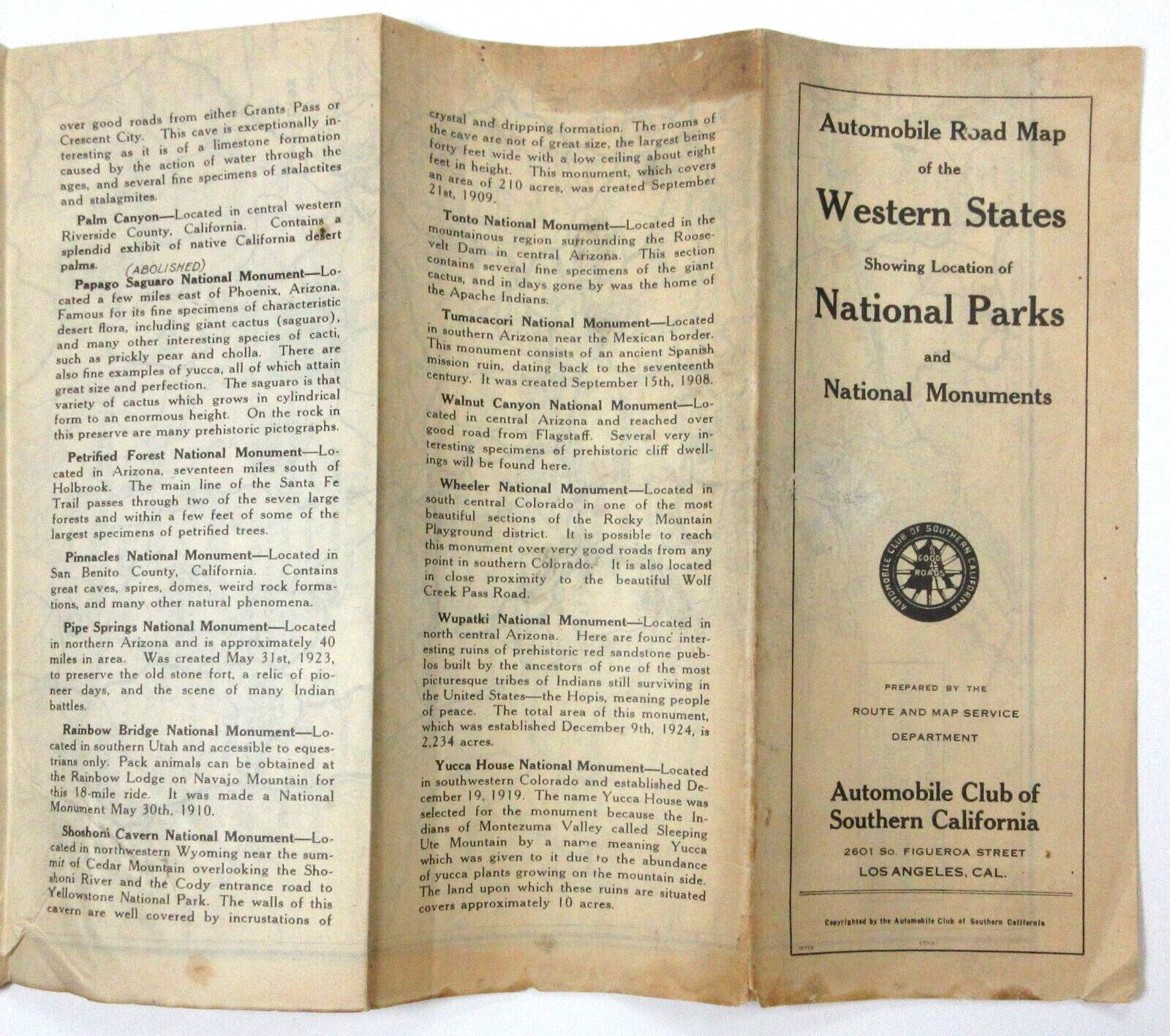 Vintage Yosemite Yellowstone Grand Canyon Map So Cal Auto Club Los Angeles 1930s