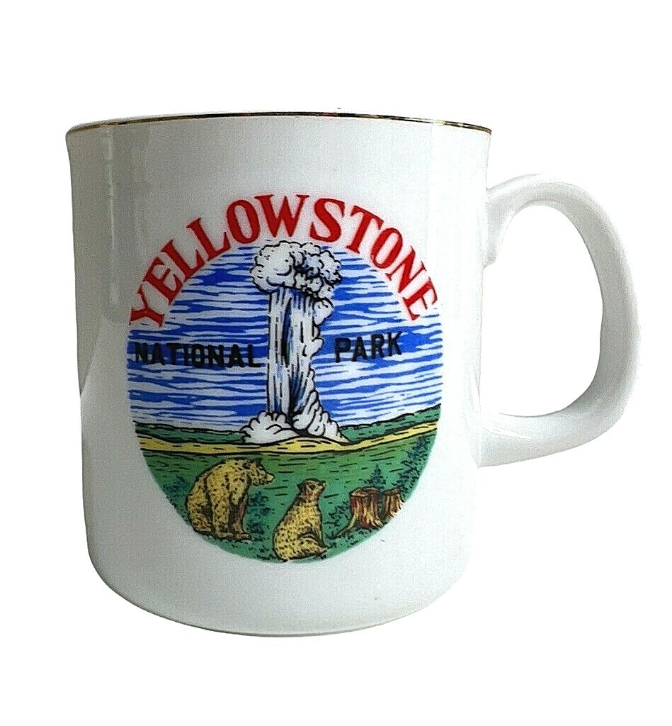 Yellowstone Park Small Mug Cup Old Faithful Geyser Bears 3″ Vintage Gold Trim