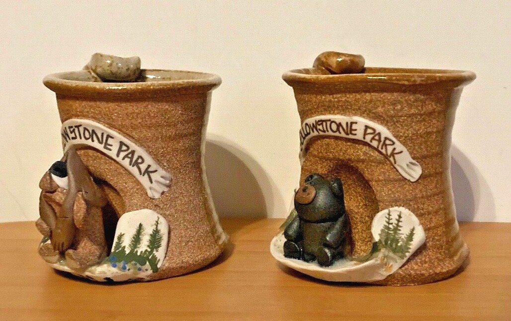 2 Yellowstone Park Souvenir Cups with Clay Ceramic Animal Figures