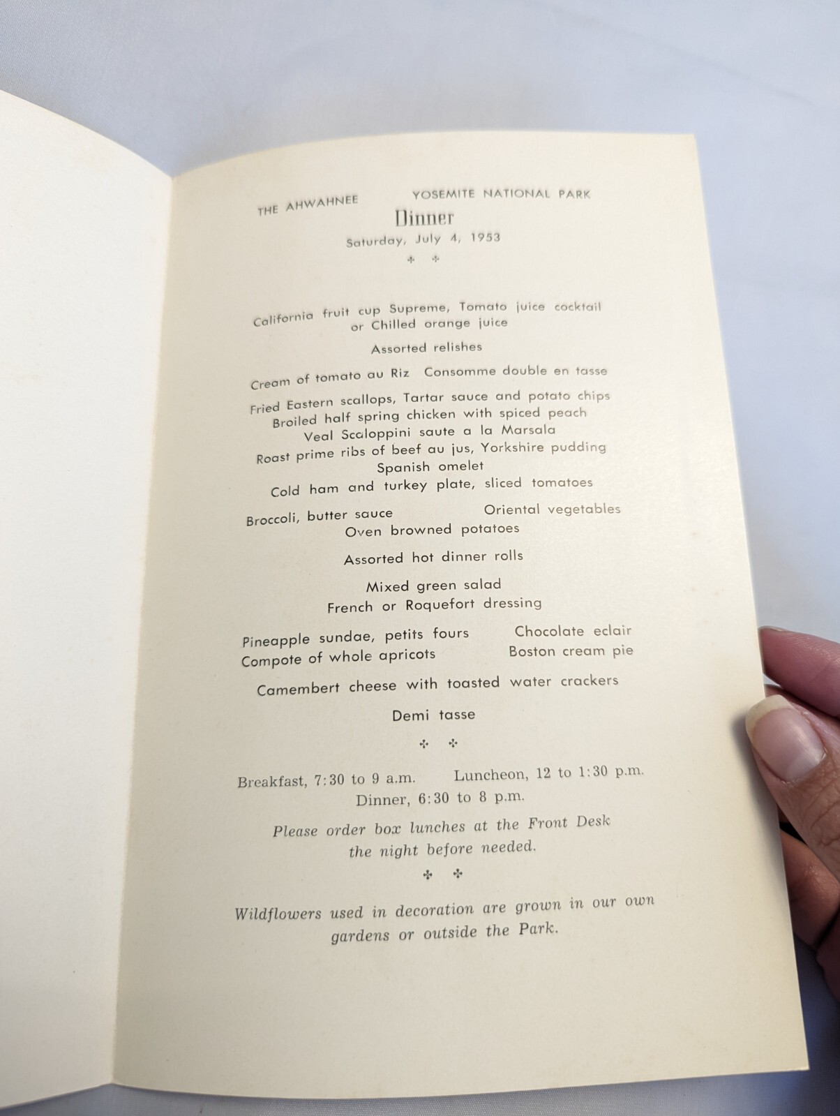 YOSEMITE AHWAHNEE MENU Jul 4 53 5.5×8.5″ Ansel Adams Mariposa Grove