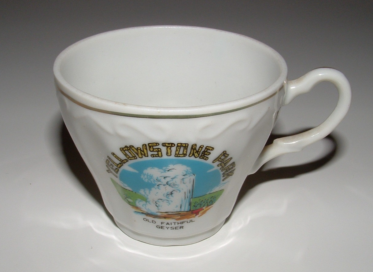 Yellowstone Park Old Faithful Cup & Saucer, Age Unknown, pre-owned