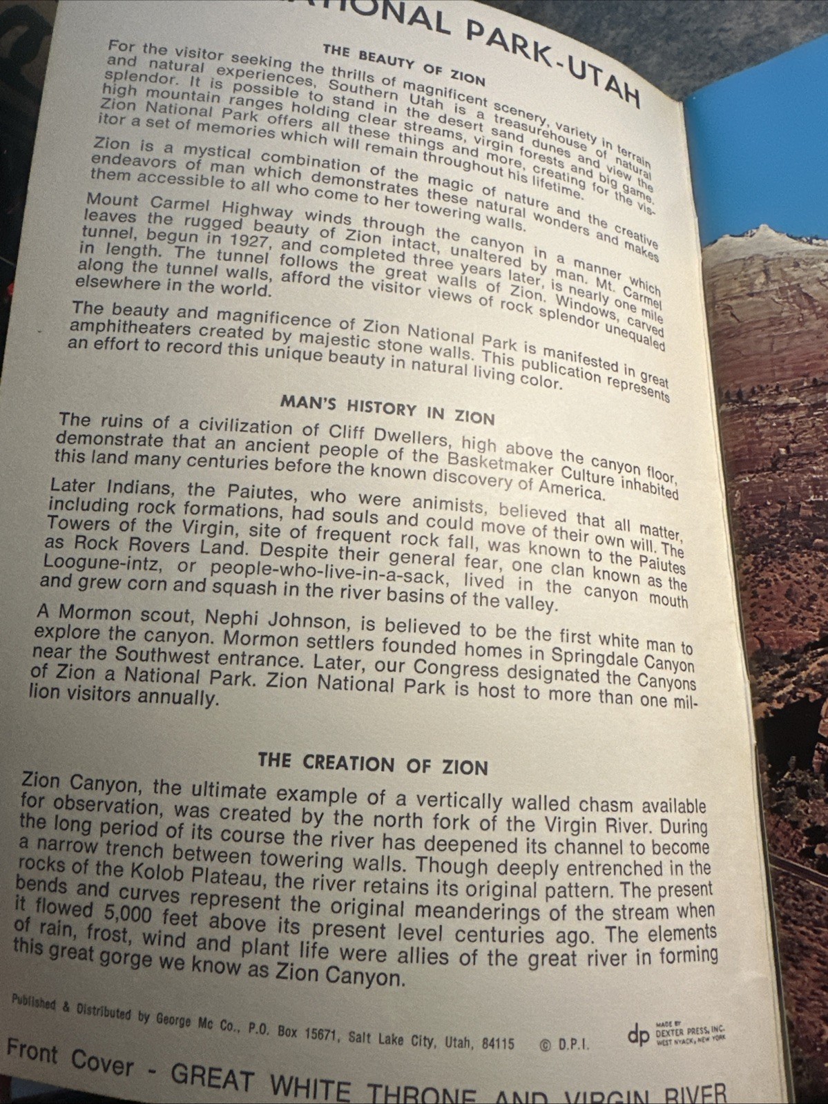Vintage Travel Picture Souvenir Guide Zion National Park – Utah 1970s George Mc