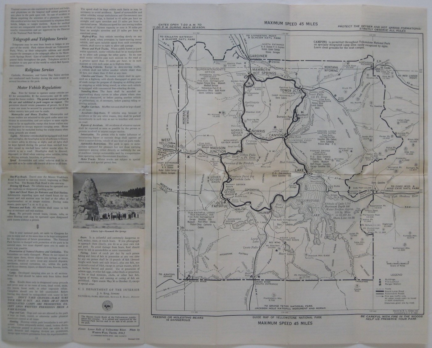 Official 1949 Road Map Brochure YELLOWSTONE NATIONAL PARK Trails Auto Camps