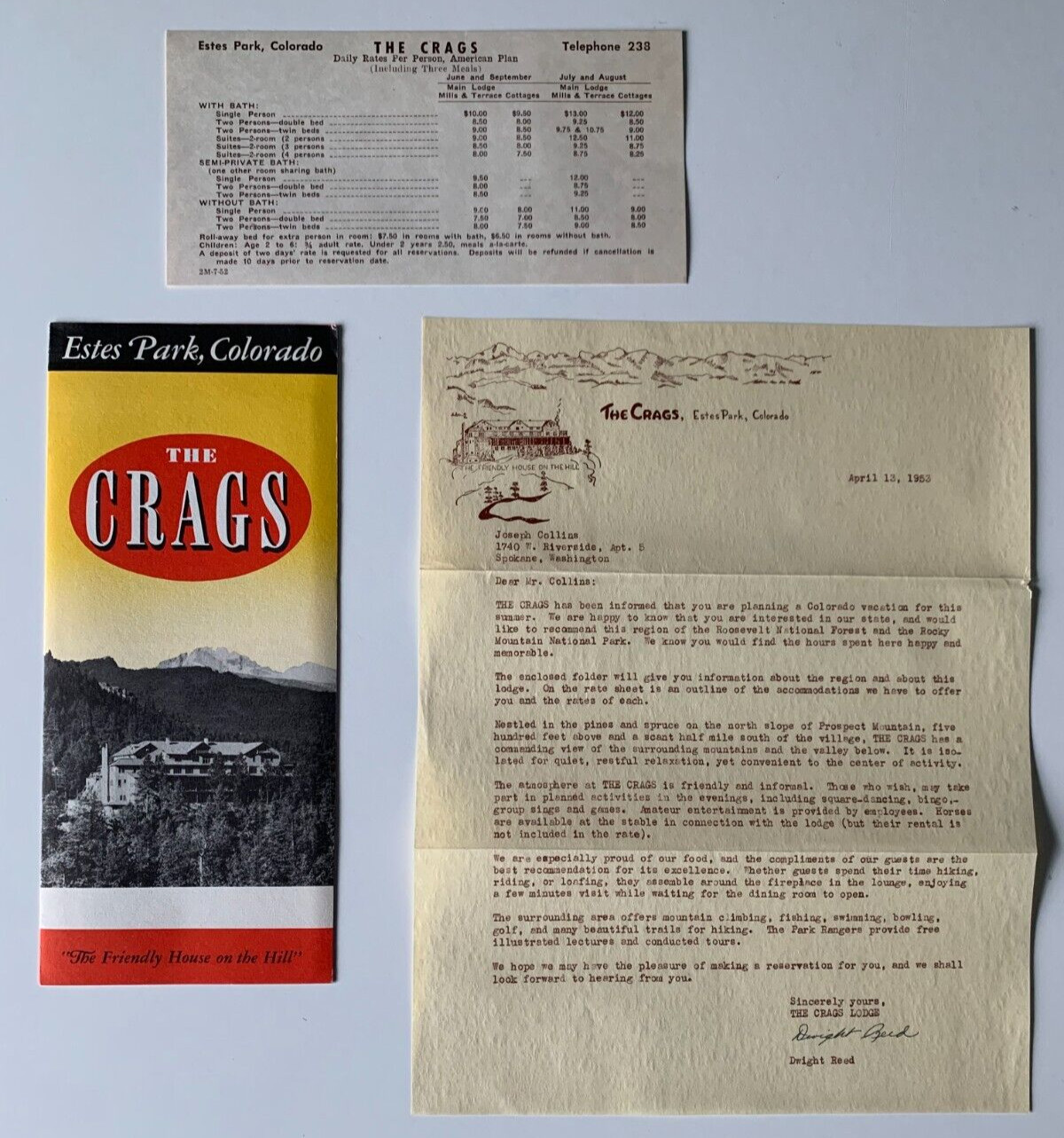 Vintage 1953 Estes Park Colorado Crags Hotel Brochure Letterhead & Rate Card