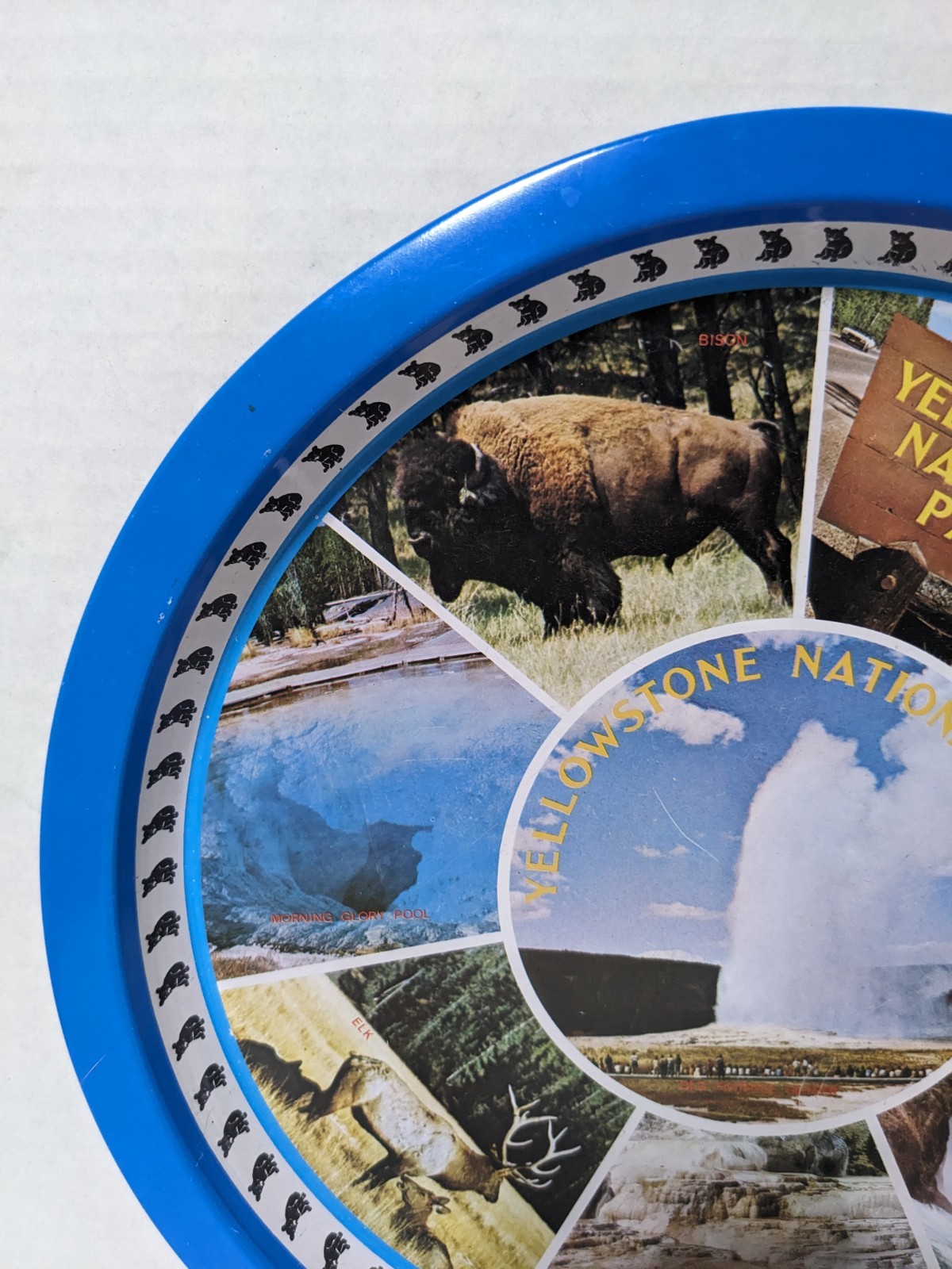 Yellowstone National Park Souvenir Tray Litho Metal 12.5″ Diameter Vintage