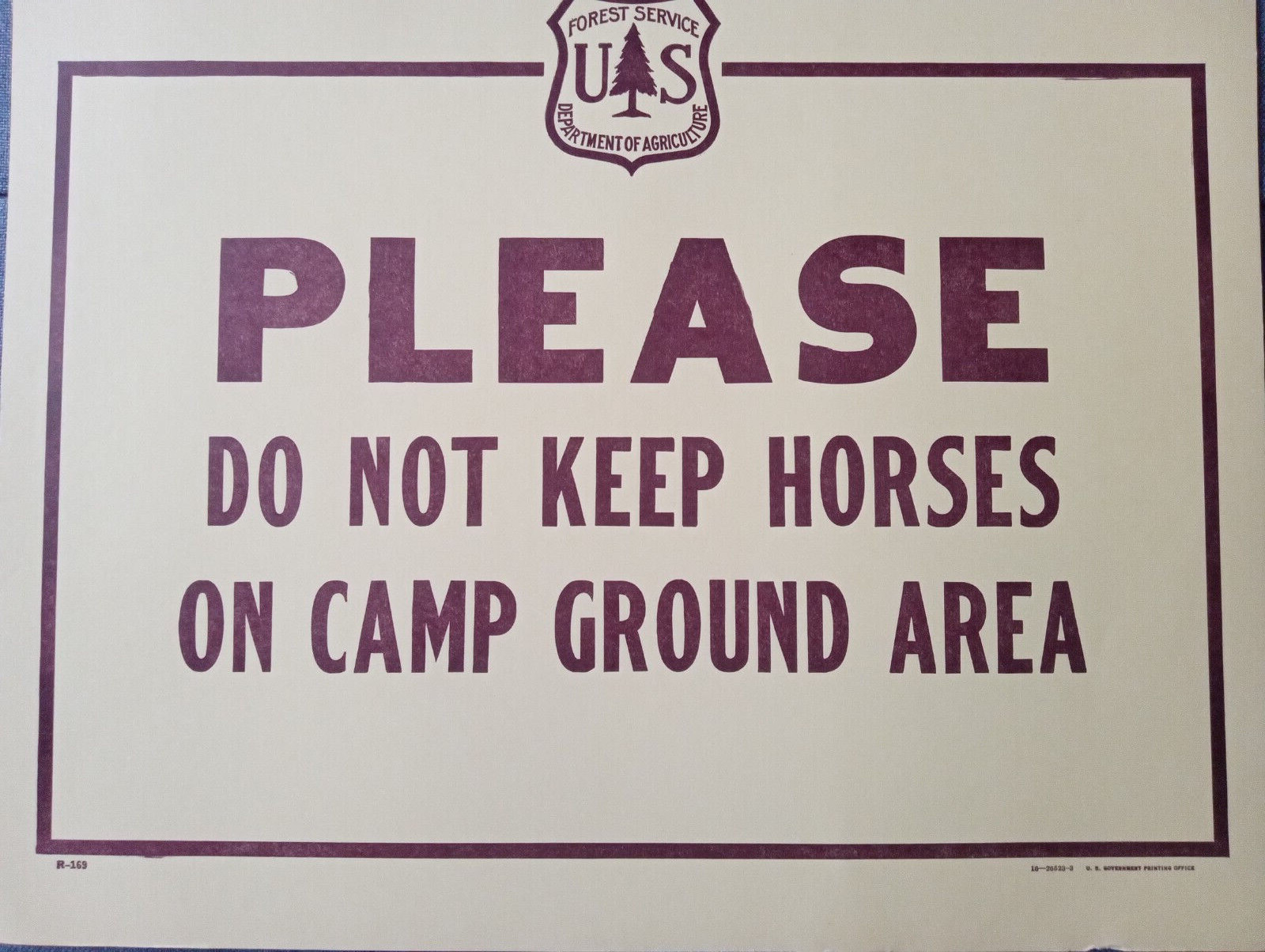 Vintage National Forest Service Original paper sign “Do Not Keep Horses on Camp