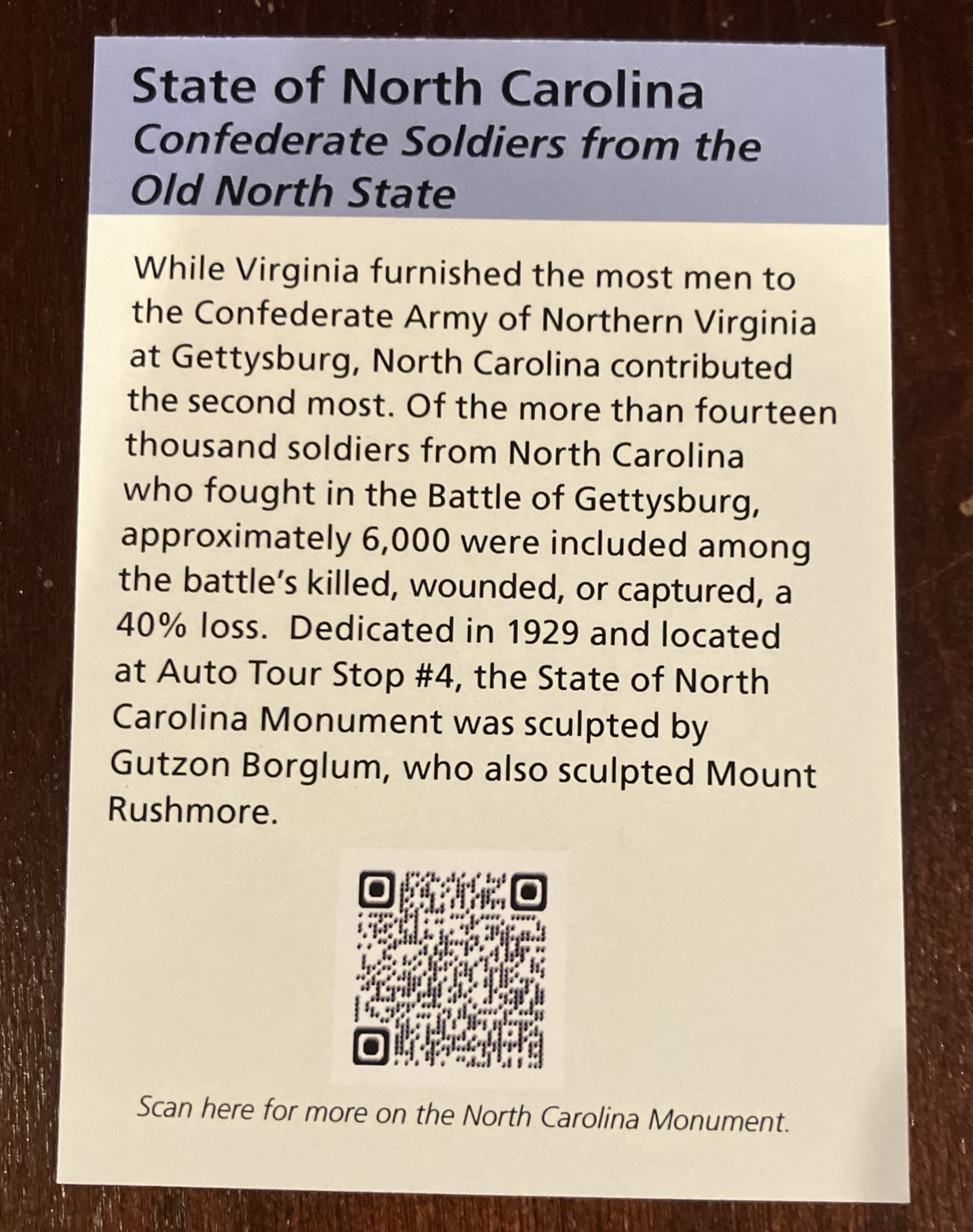 NPS Trading Card – Gettysburg NMP -State Of North Carolina
