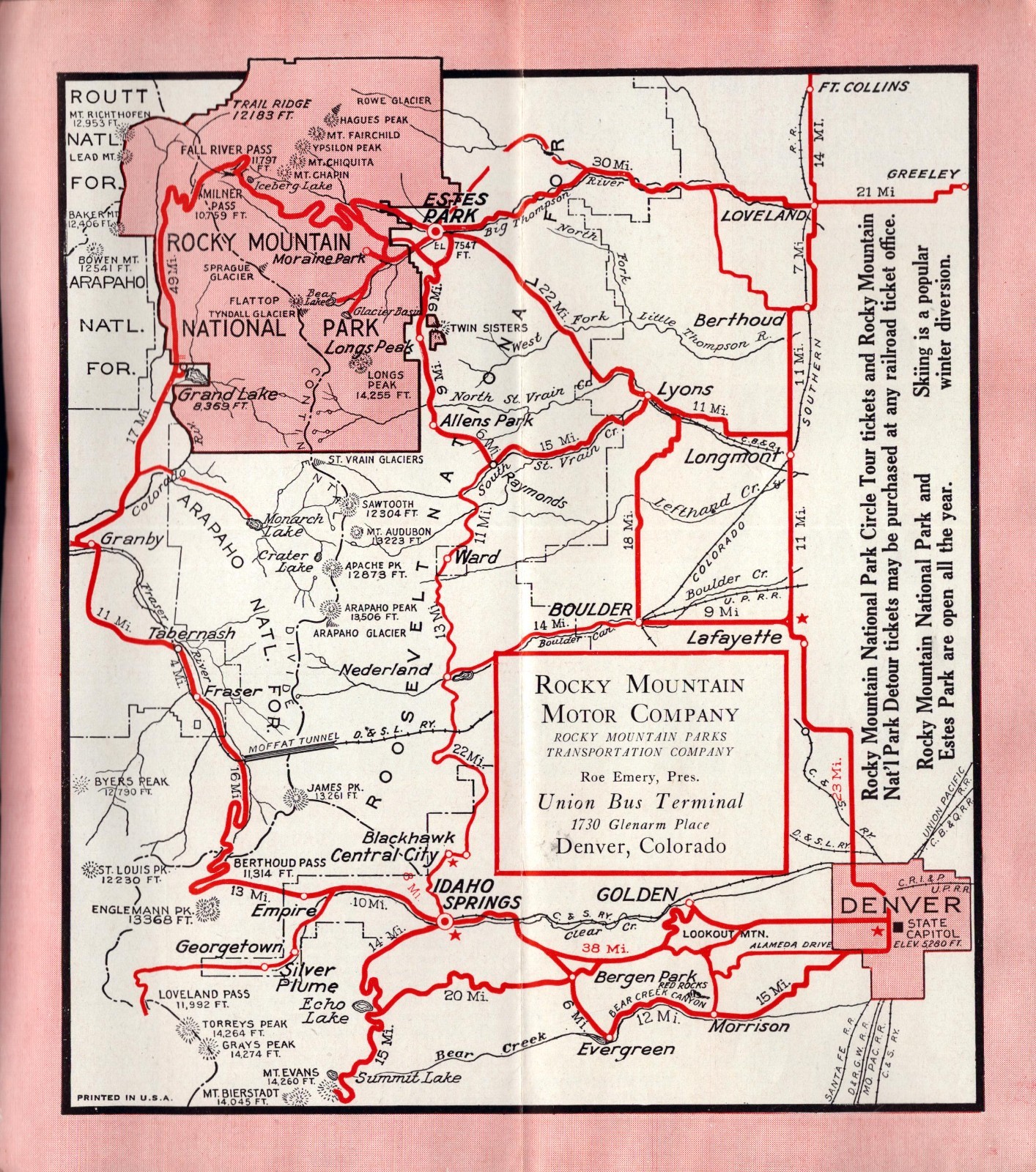 1941 Rocky Mountain National Park Brochure Map Denver Bus Tours VTG