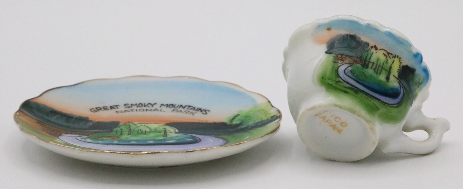 Nico Japan Miniature Great Smoky Mountains Cup Saucer Vtg Hand painted Souvenir