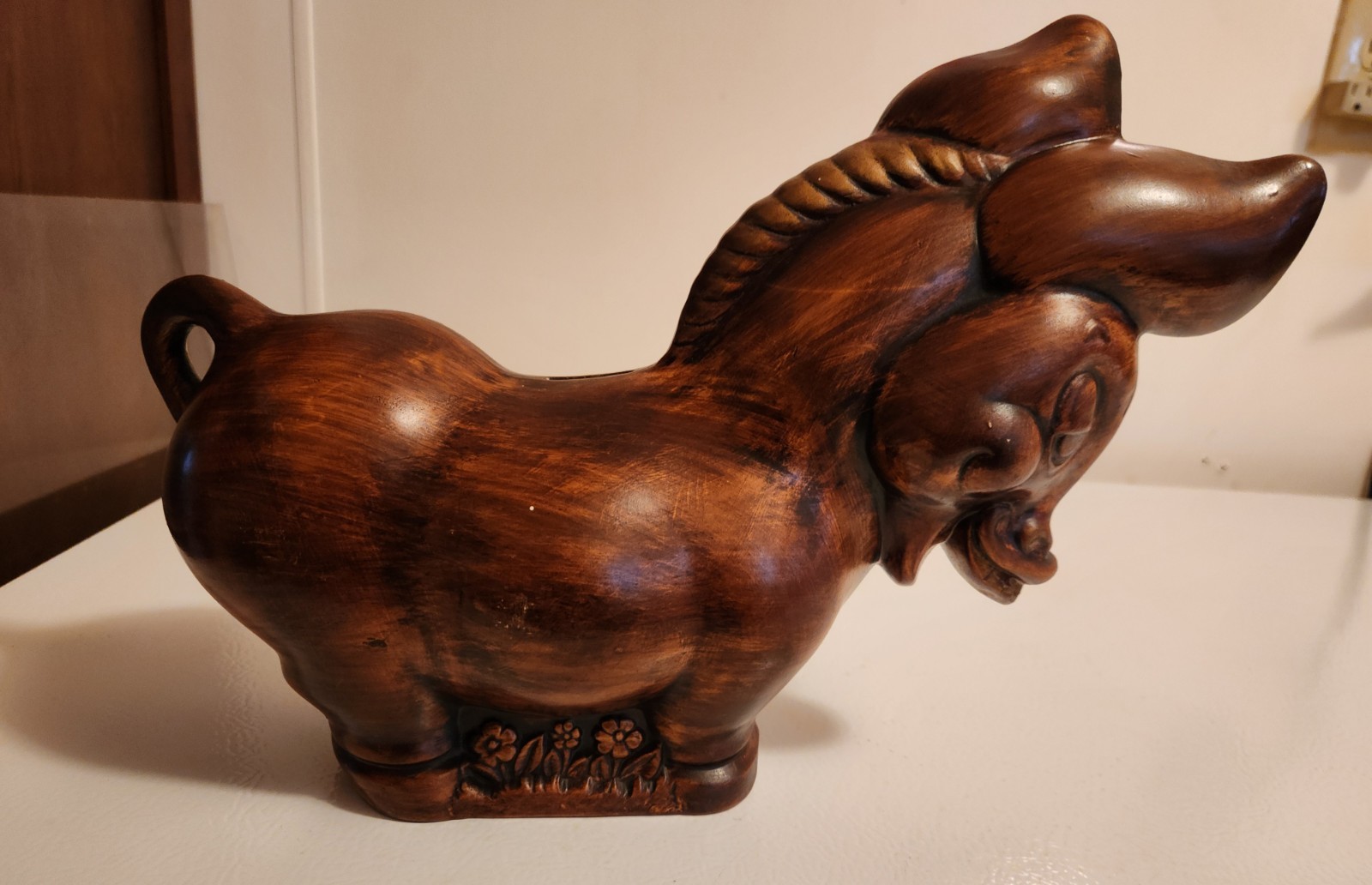 Ceramic Donkey Bank. Souvenir Of Yellowstone Park. Brown.Stopper. 14.5 X11 X4.5