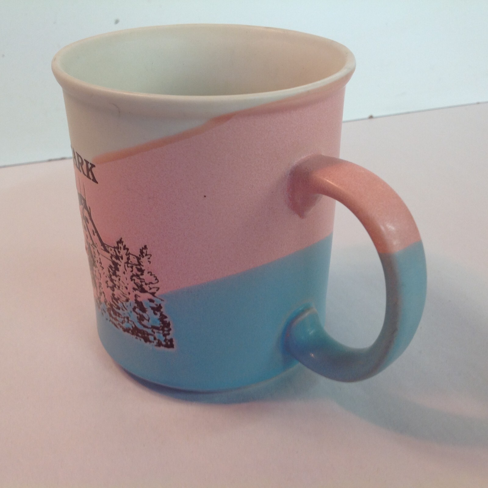 Vintage Souvenir Coffee Mug Yellowstone National Park Pink Blue Cream Buffalo US