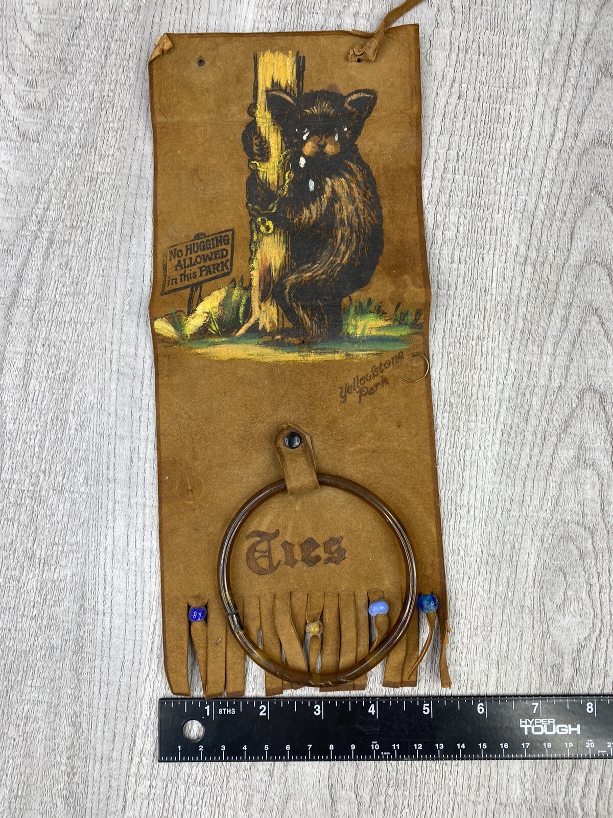 Rare Vintage / Antique Leather Bear Yellowstone National Park Souvenir Tie Hang