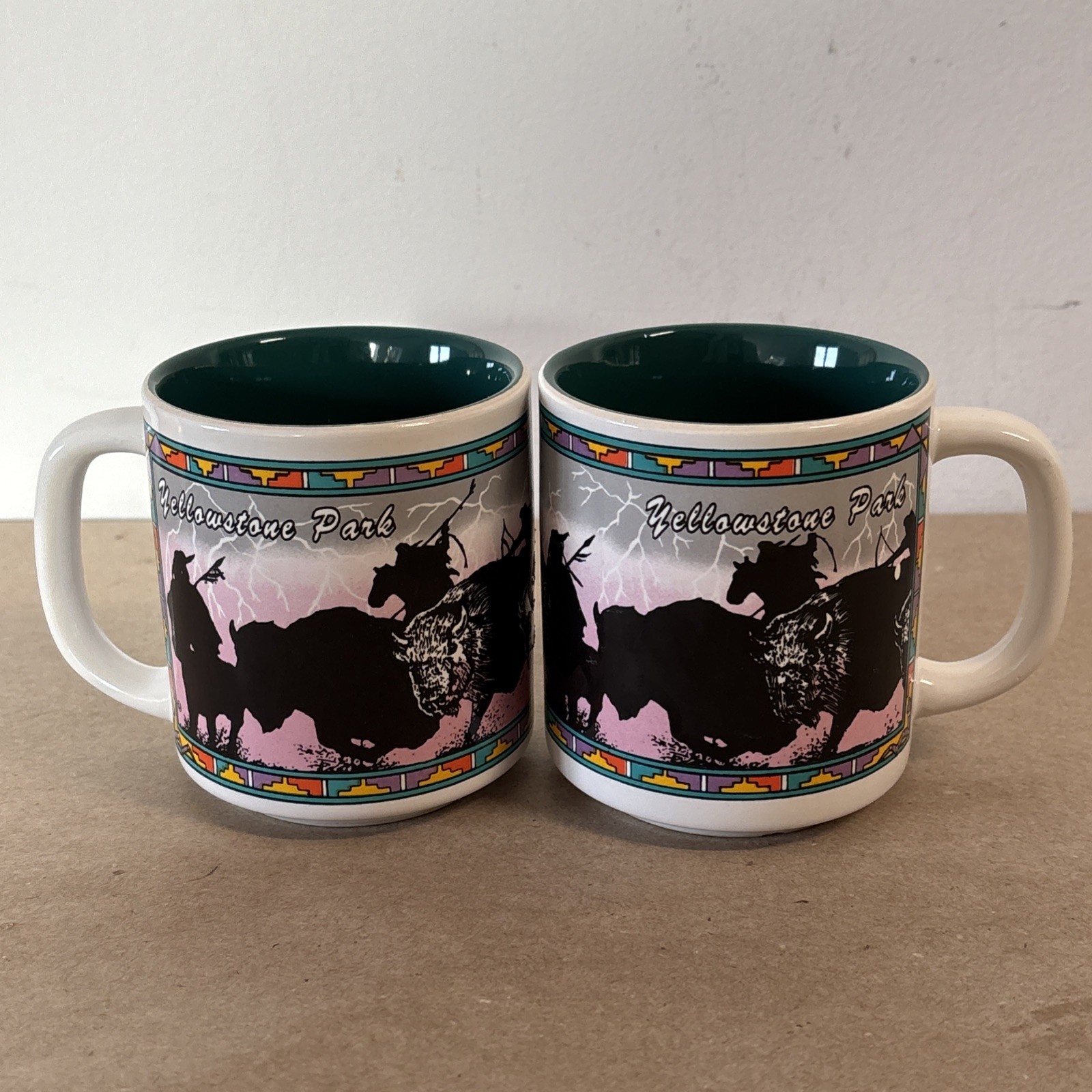 2 Vintage 1992 Yellowstone Park Coffee Mugs Buffalo Southwestern Outdoors
