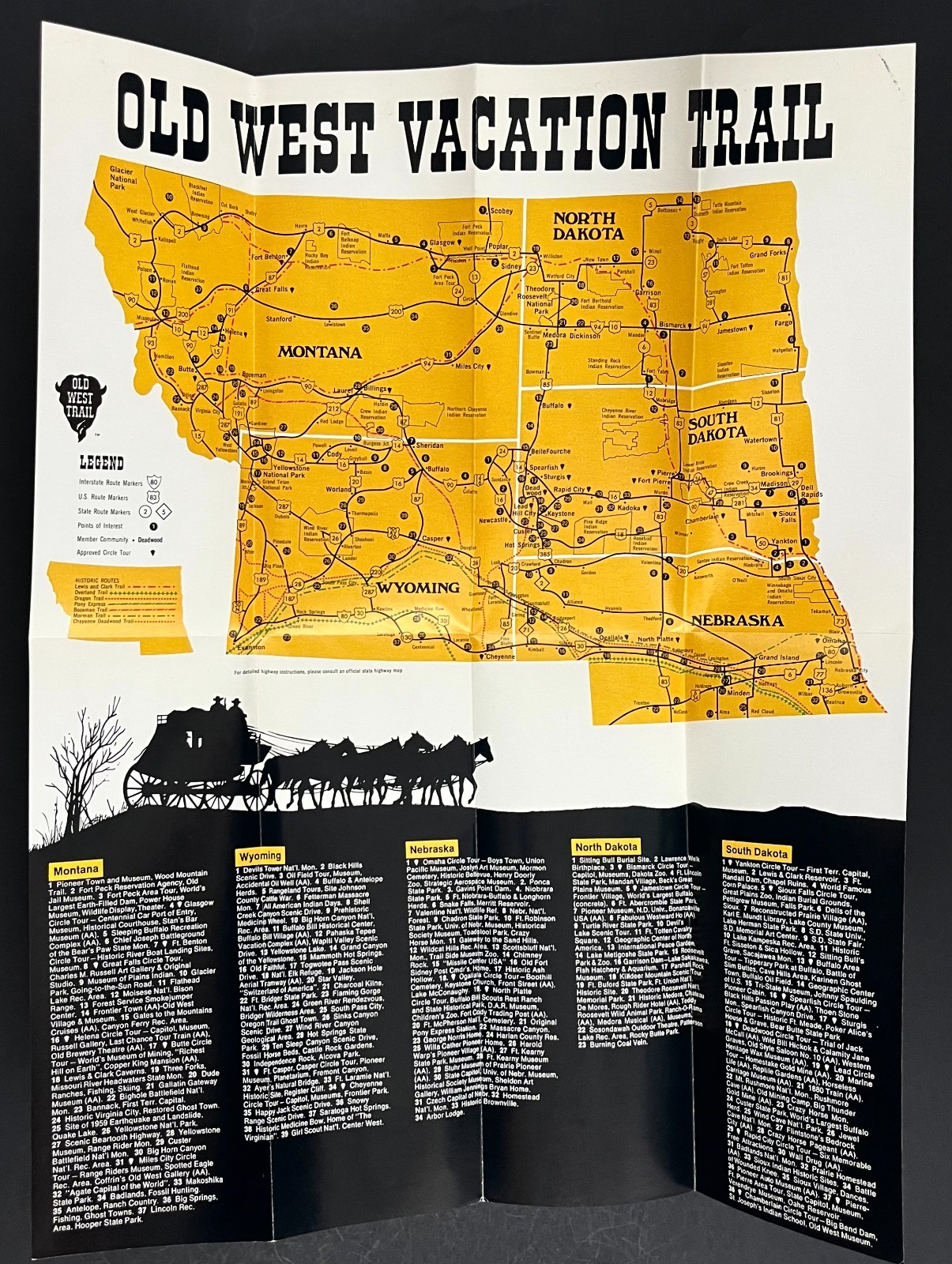 1970s Old West Trail National Parks MT WY NE ND Vintage Travel Brochure Map
