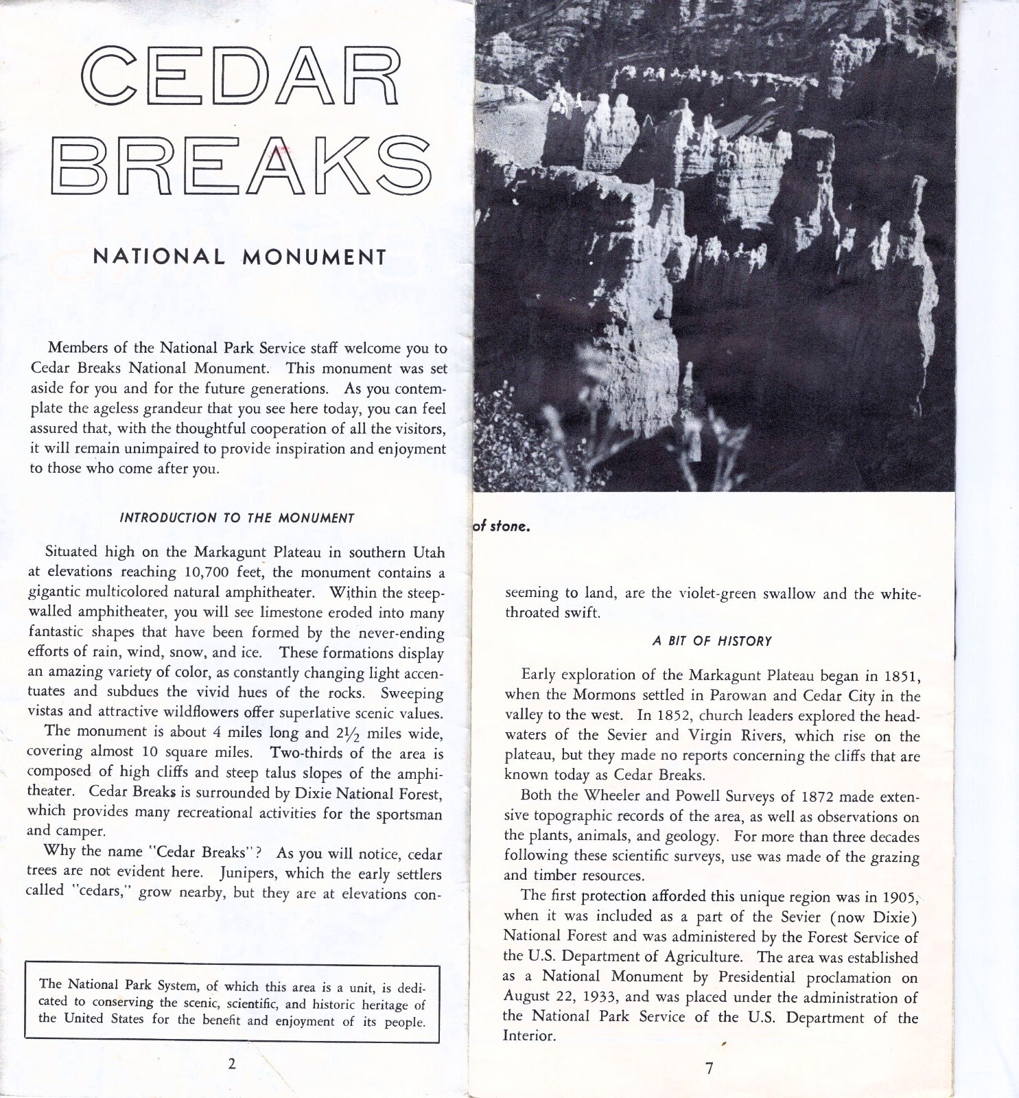 1962 Cedar Breaks National Monument Utah Dept. of Interior Pamphlet, Map, Rules