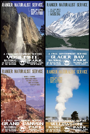 US National Park Service Vintage 1938 4-POSTER Reprint Set YELLOWSTONE, YOSEMITE
