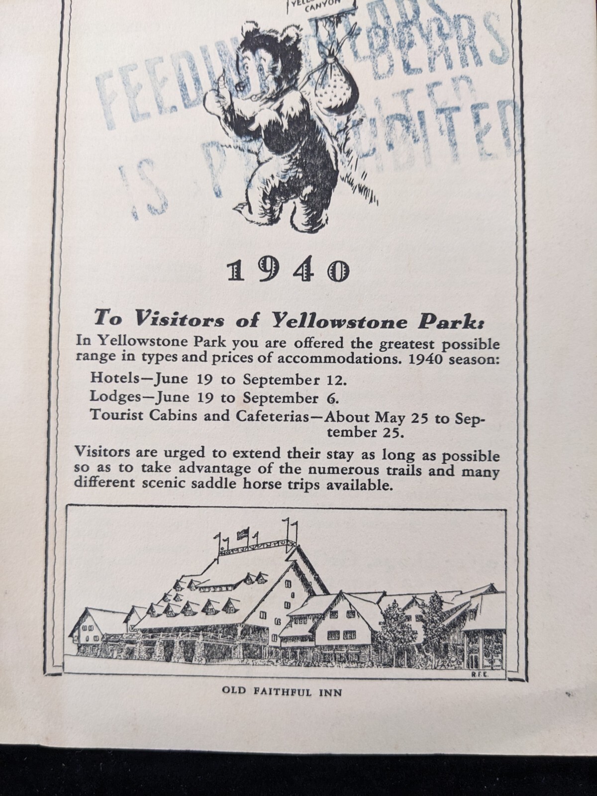 1940 Yellowstone National Park Hotel & Visitor Brochure DO NOT FEED BEARS