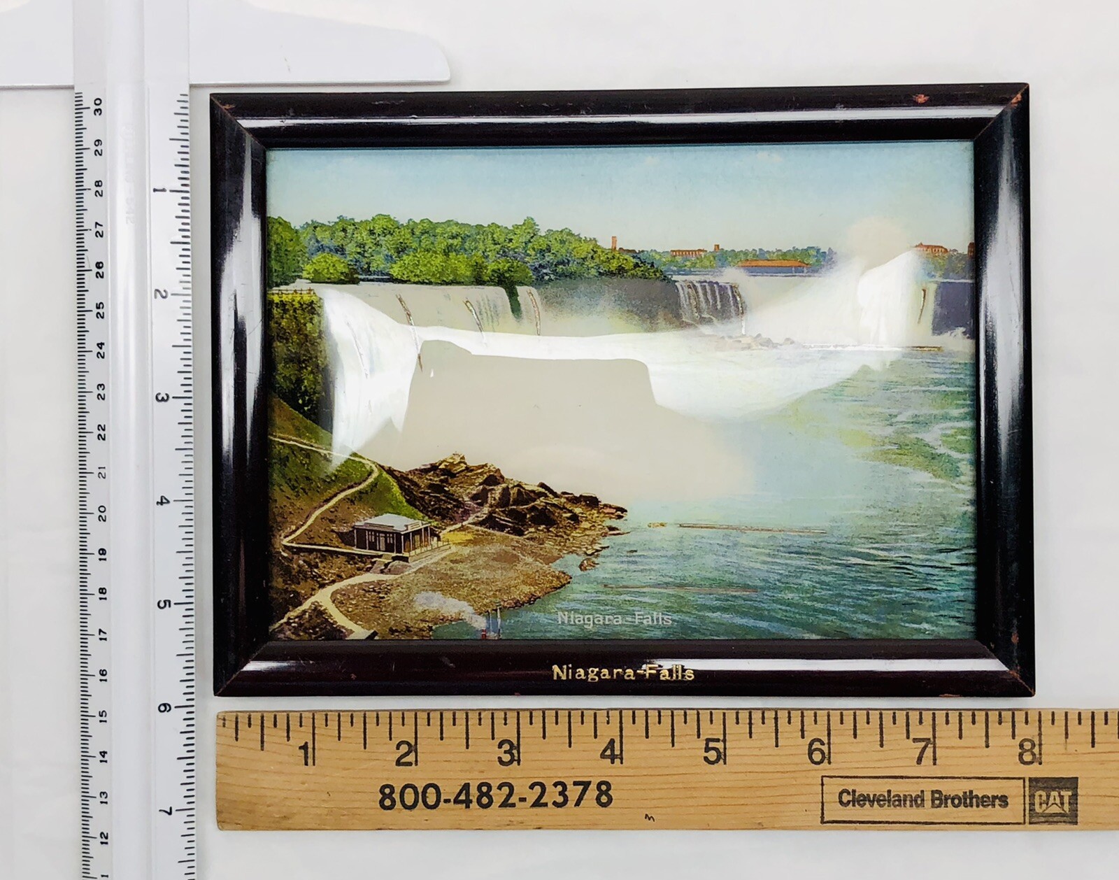 VTG Niagara Falls Lithograph Print Curved Glass Picture Wood Frame Stand Germany