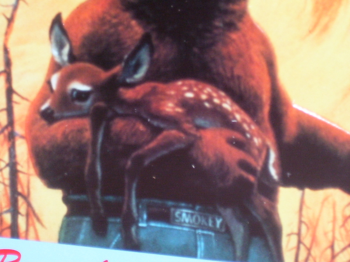 SMOKEY THE BEAR — Saving Deer From FOREST FIRE — Embossed Tin Metal Sign -NICE