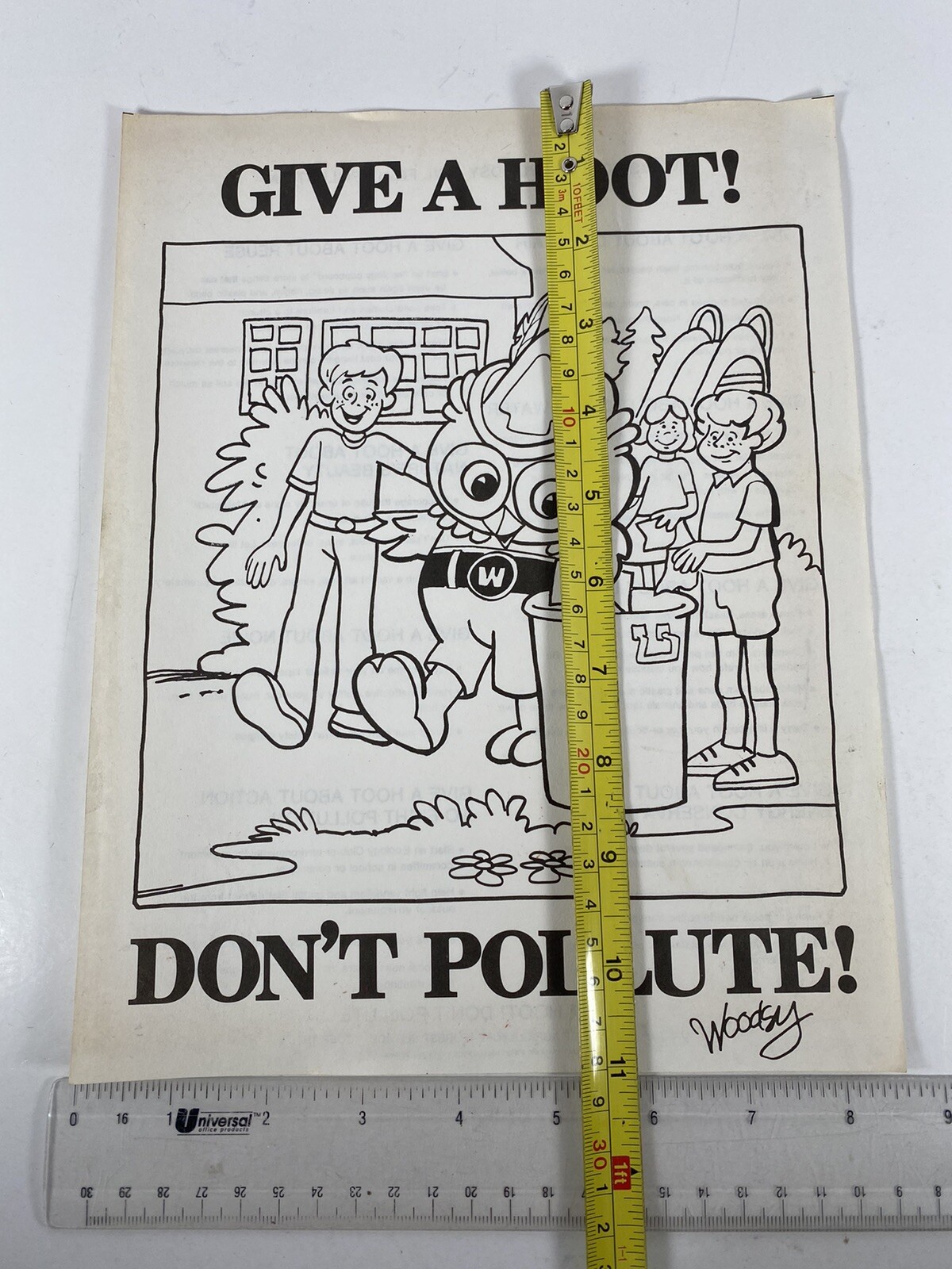 Woodsy The Owl Vintage 1979 Coloring Book Paper Sheet 1970’s Give Hoot Pollute