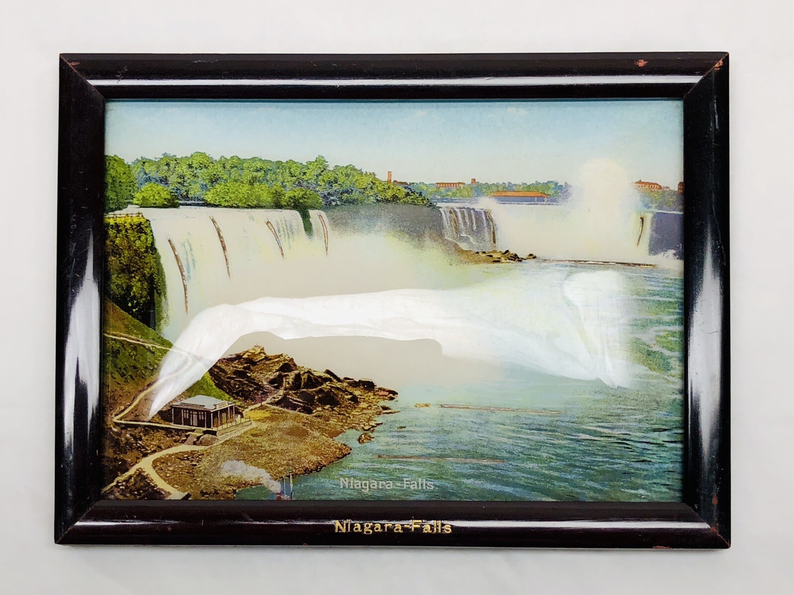 VTG Niagara Falls Lithograph Print Curved Glass Picture Wood Frame Stand Germany