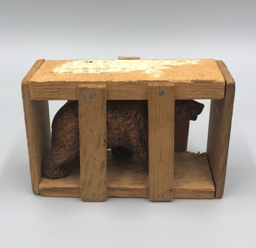Good Luck Bear in Wood Crate Souvenir Yellowstone Park w/ Thomas Jefferson Stamp