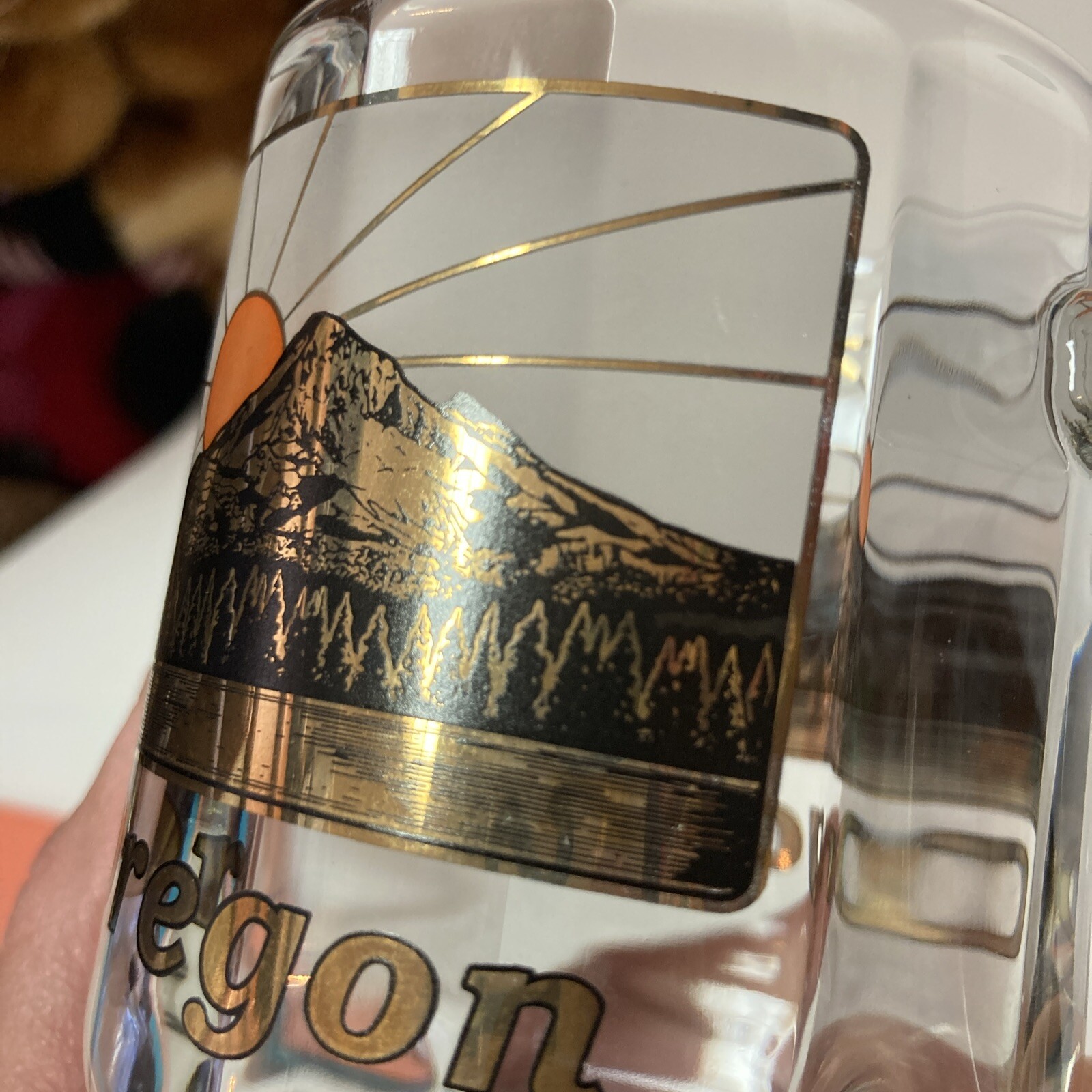 Oregon Coffee Mug Souvenir Glass 22K Gold Black Orange Mt. McLaughlin Sunset USA