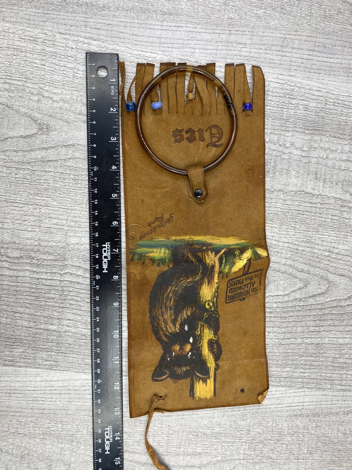 Rare Vintage / Antique Leather Bear Yellowstone National Park Souvenir Tie Hang