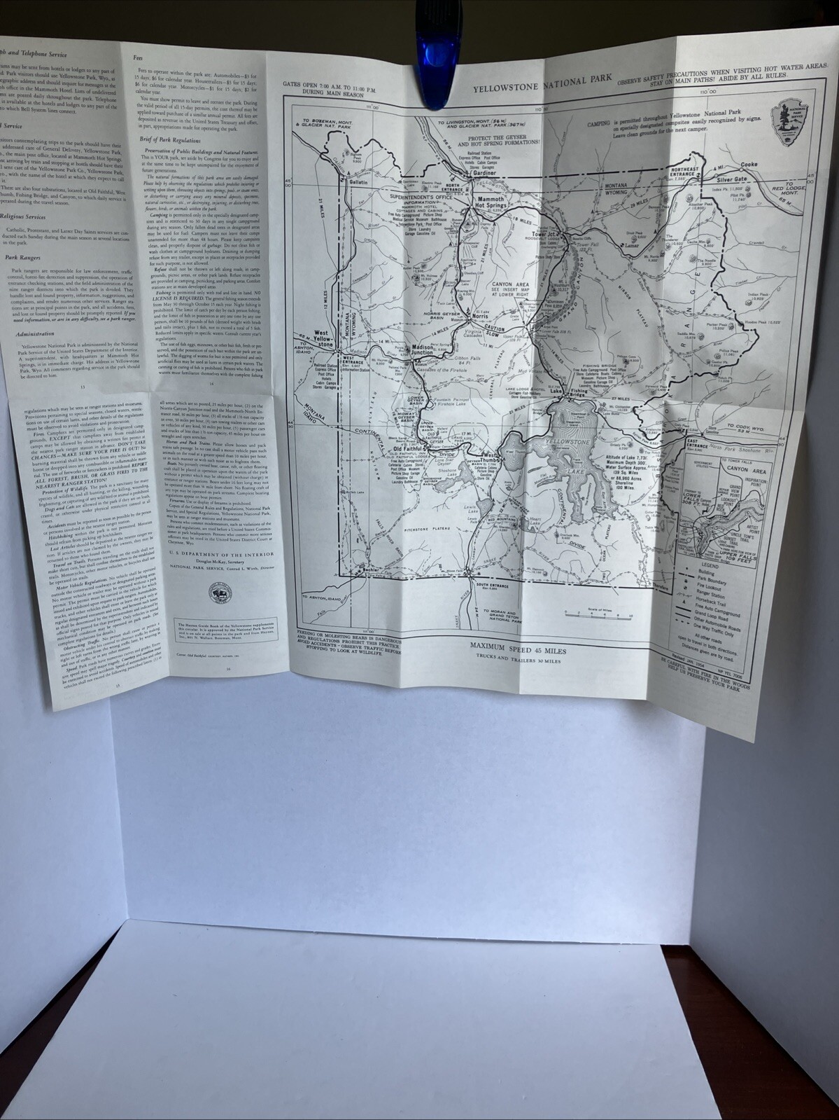 1955 Yellowstone National Park Inside Map Wyoming Montana Idaho Tourist Guide