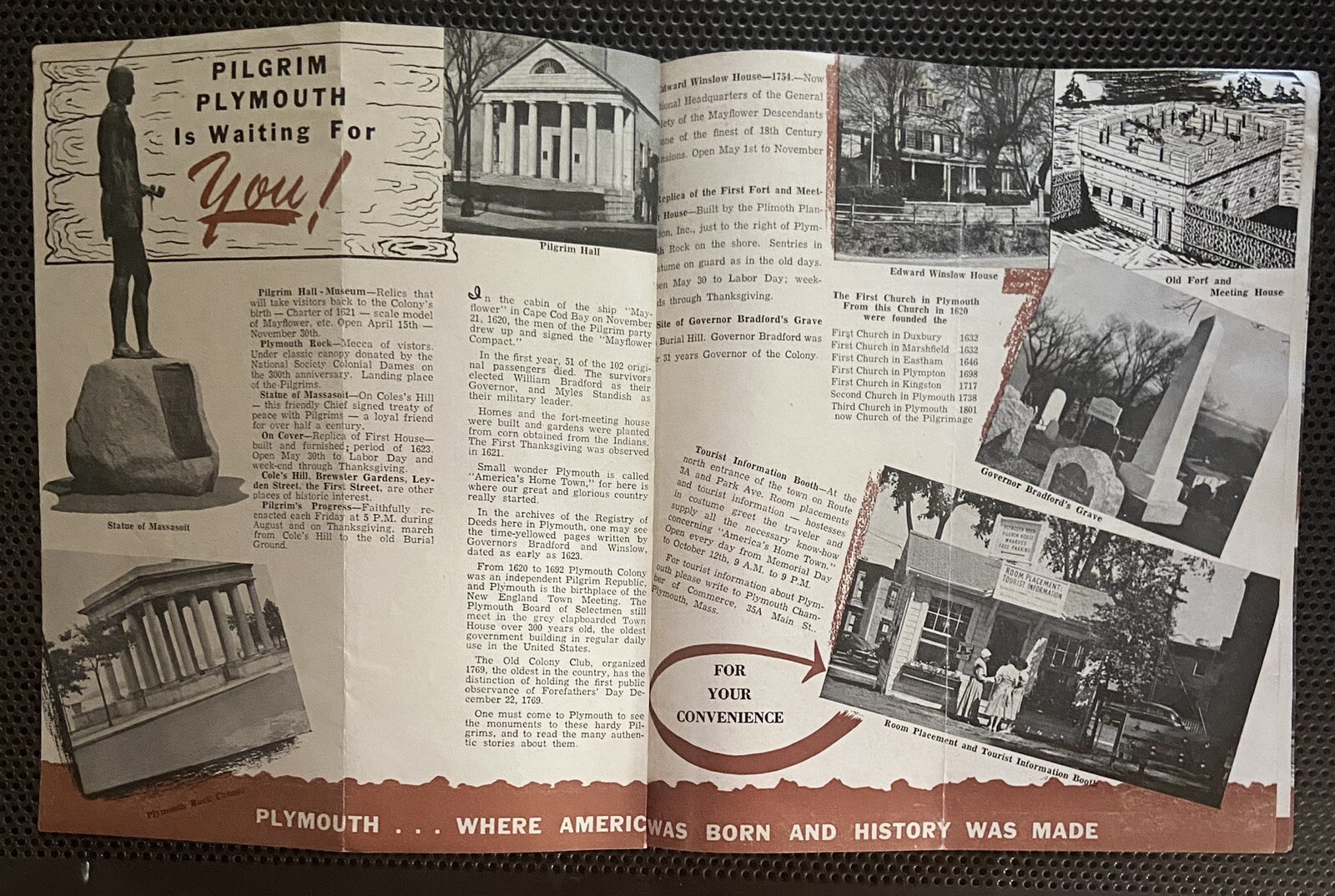 1940’s Souvenir TRAVEL Brochure/Mailer~”SEE Historic PLYMOUTH MASS First”~MAP~