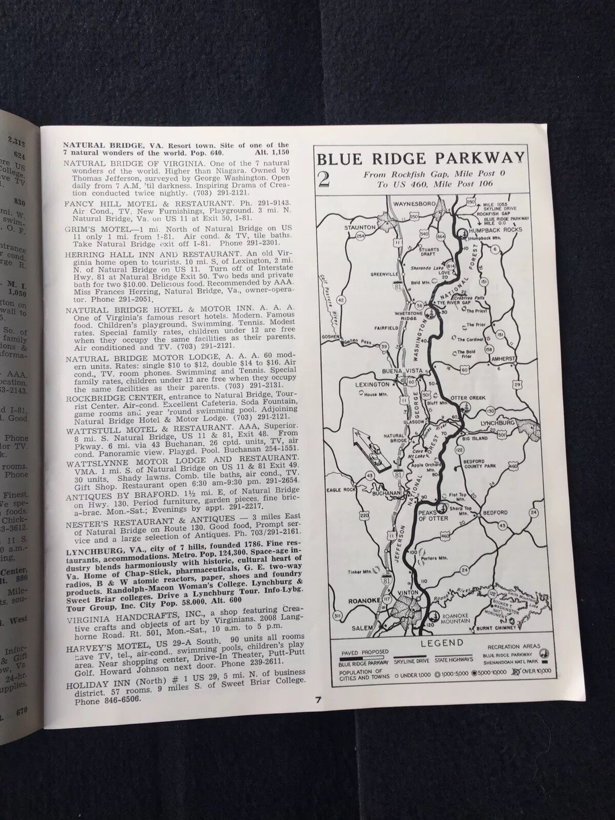 1970 Blue Ridge Parkway VA NC Travel Brochure Map Vintage 28pg Accommodations