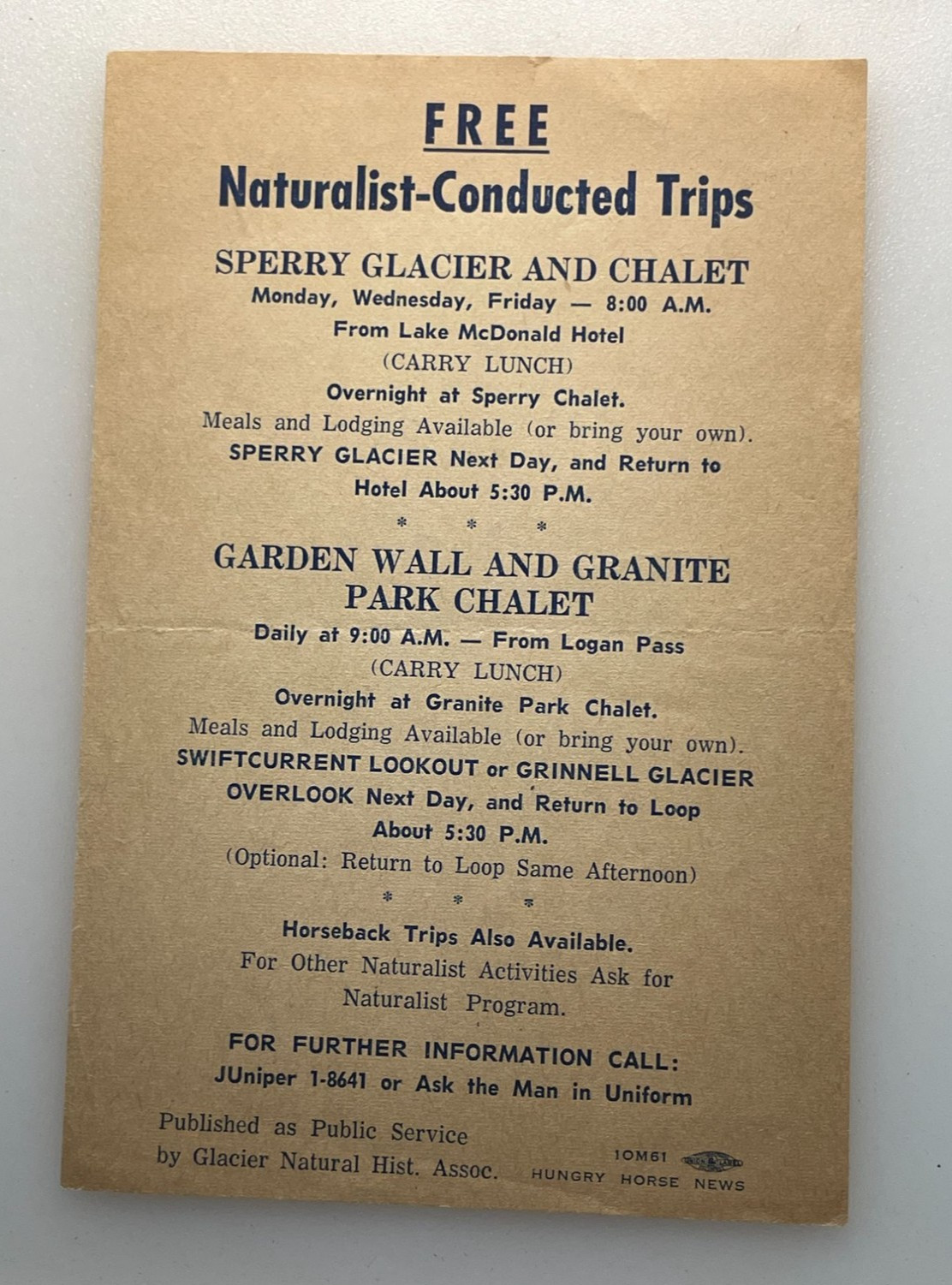 Vintage 1961 Glacier National Park Flyer Sperry Granite Park Chalet Montana